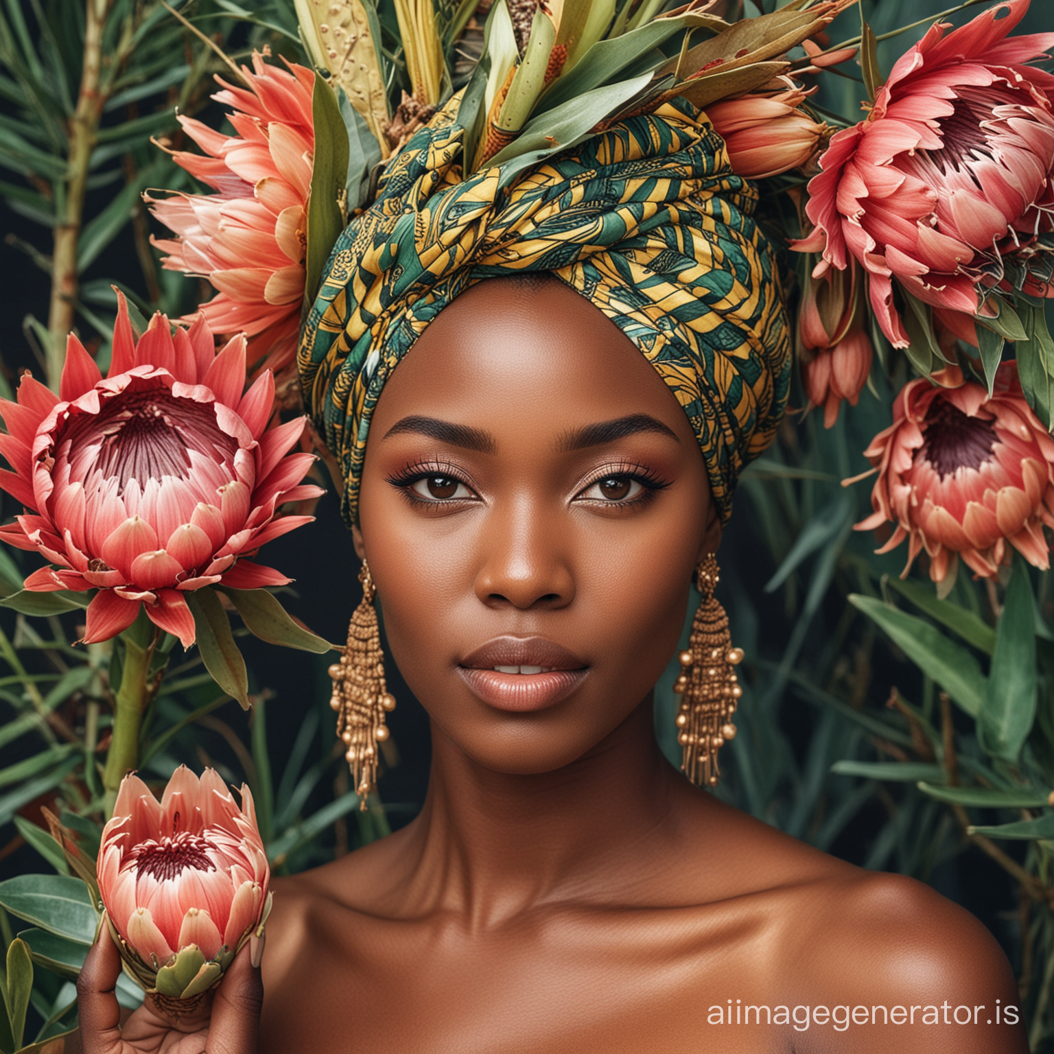a closeup portrait of a beautiful african women who looks like a goddess with a headwrap and is surrounded with proteas


