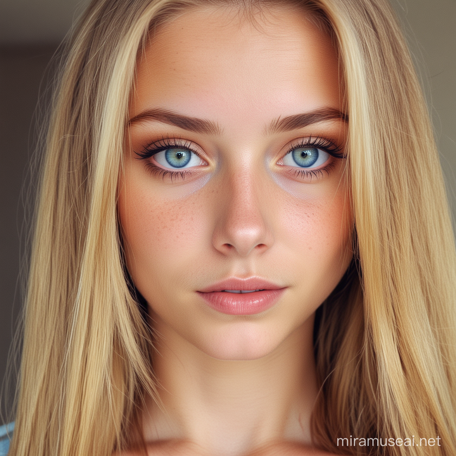 Slim Teen Girl with Dirty Blonde Hair and Blue Eyes