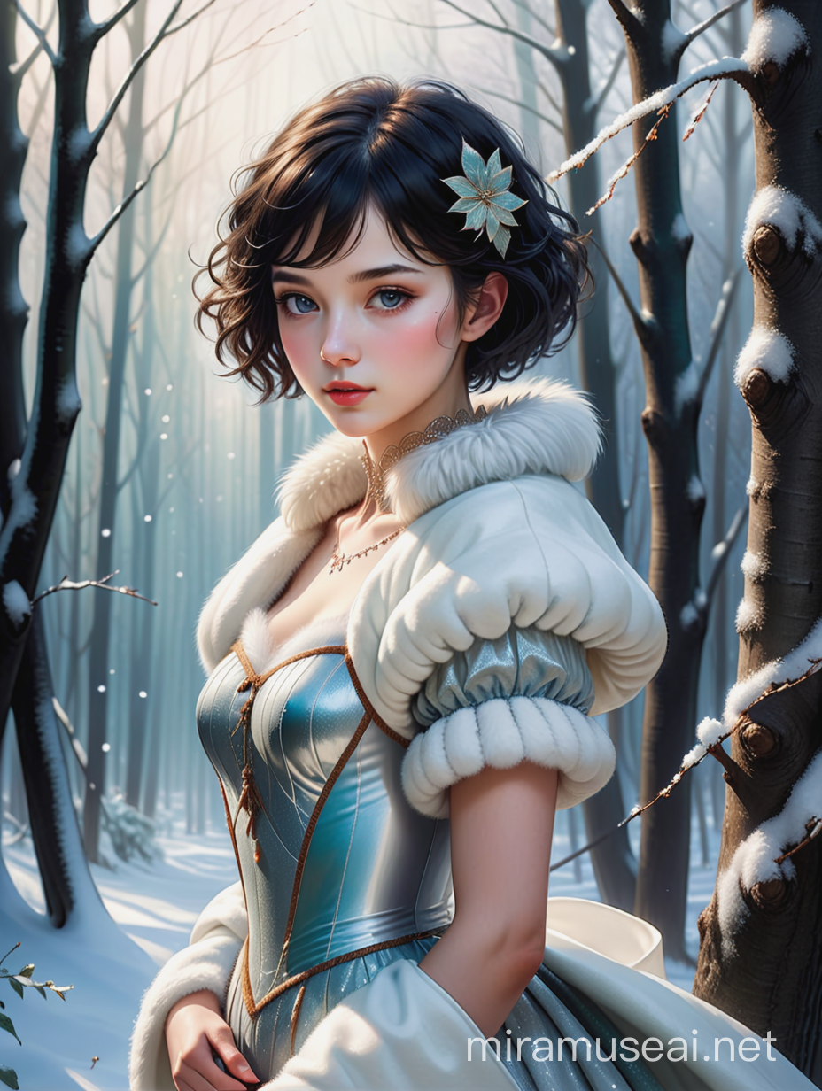  Digital art, Aivision,  full body of beautiful young women with short  hair , bright eyes . In shining snow - white , fur clothes . Jim Cheung , arthur rackham , Catrin Welz - Stein , Bill Carman , shining forest around . fairy tale , by very detailed and elaborate . sung choi art , realistic facial features . Realistic hair texture,  dark , night, black and white