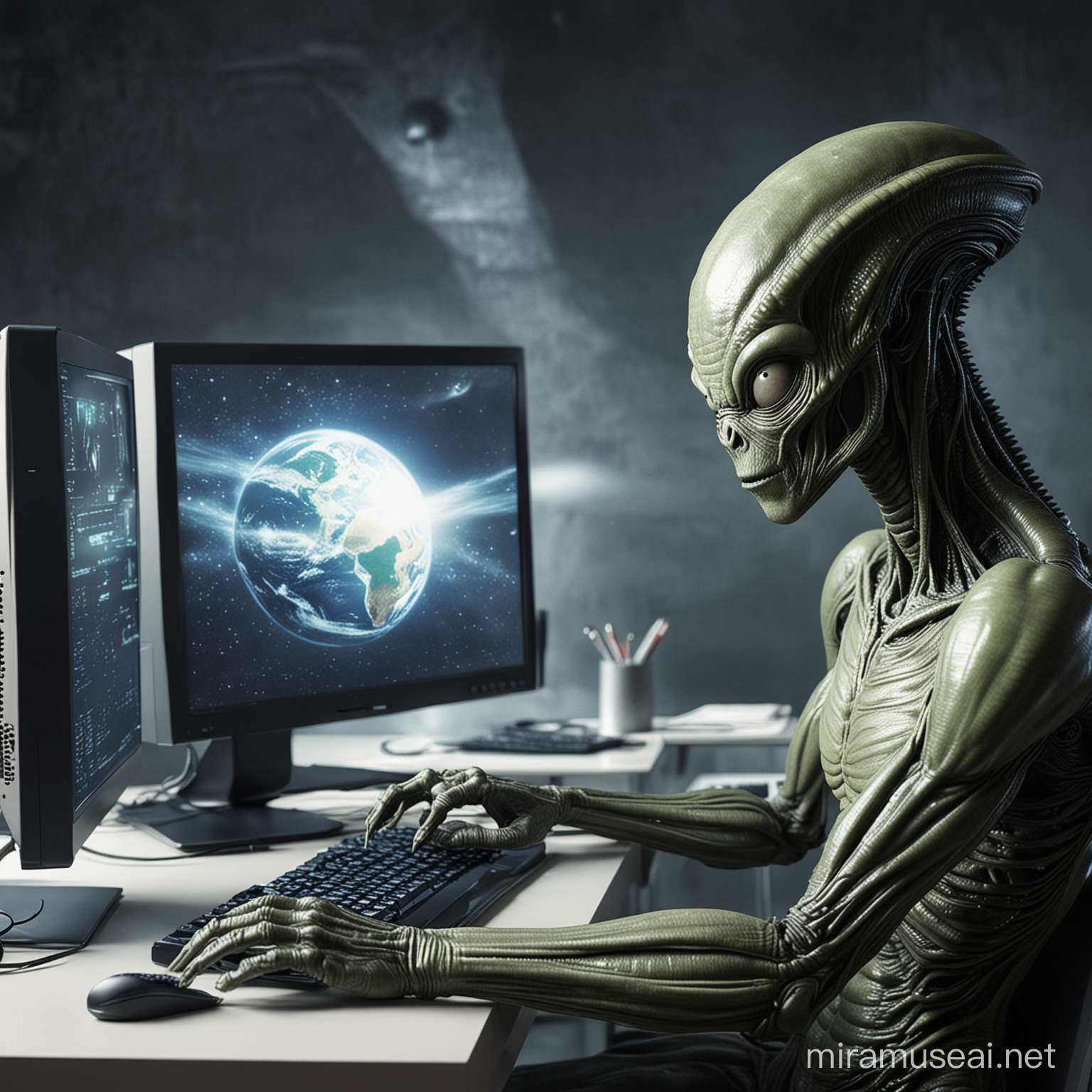 alien viendo un computador en el que crea a los humanos y la tierra