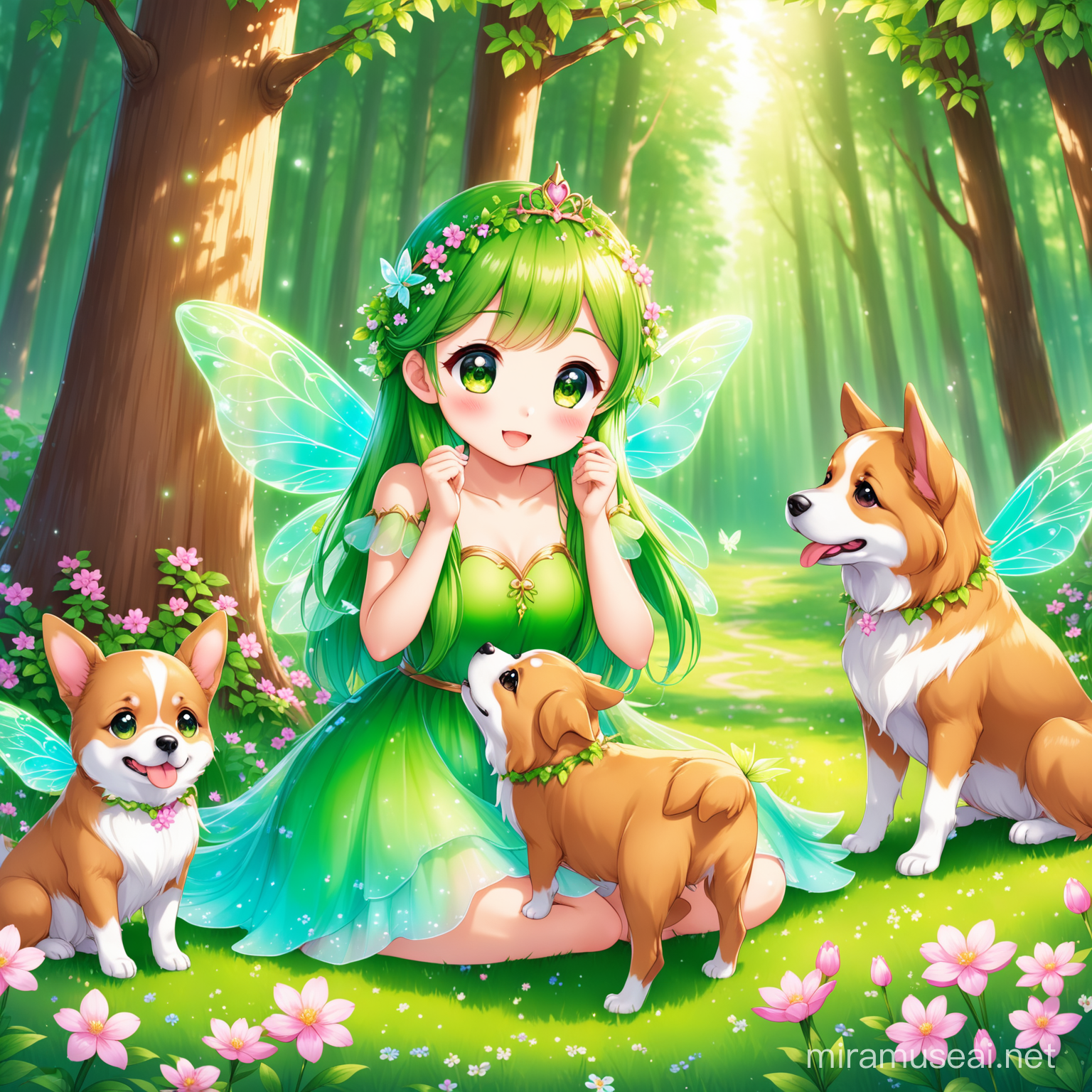 Enchanting Forest Fairy Princess Playing with Adorable Dogs amidst Spring Blossoms