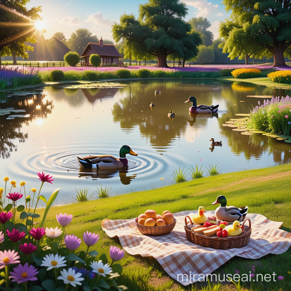 picnic by a beautiful pond with ducks floating in the pond and beautiful wild flowers with sun rays shinning down