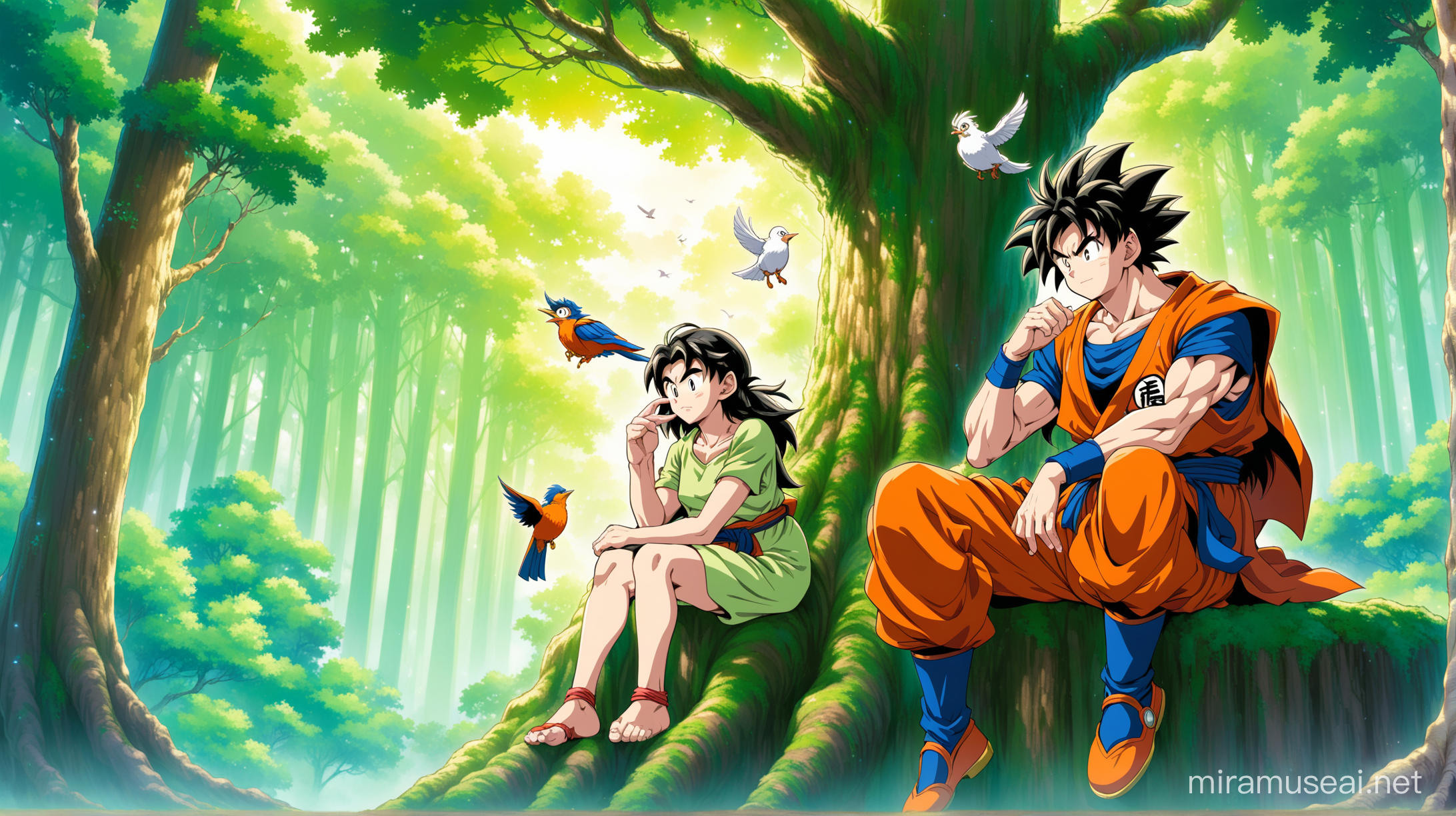 Calm Shortless lean Goku resting in a mystical forest, a bird is on his finger, beside him is his wife  chichi who is leaning on his shoulder, they are leaning on the treem they are sitting