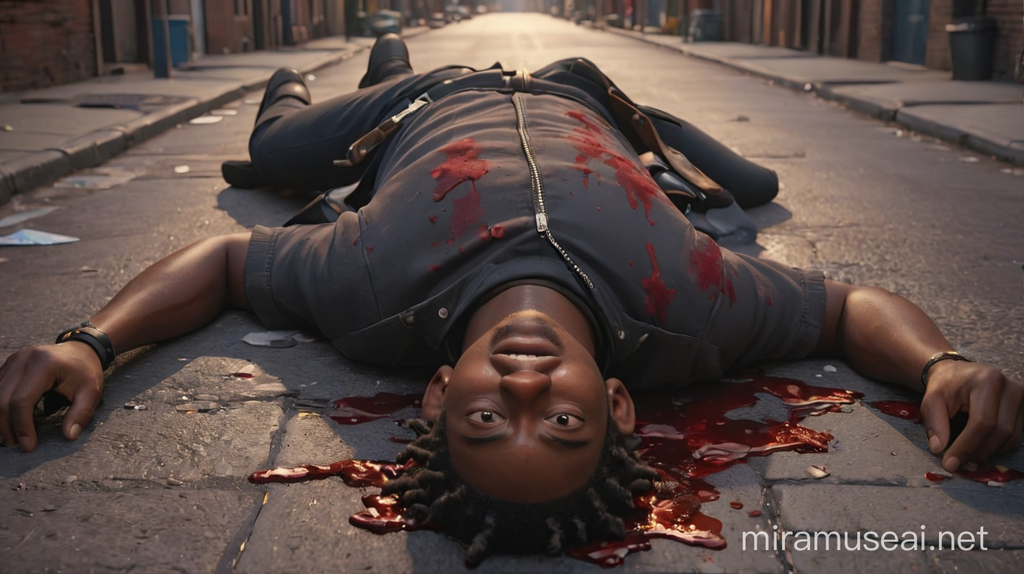 create an image of an African-American male gang member laying on his back dead bleeding in the street in the ghetto. Illumination, Disney-Pixar style illustration 3D Animation, 4k