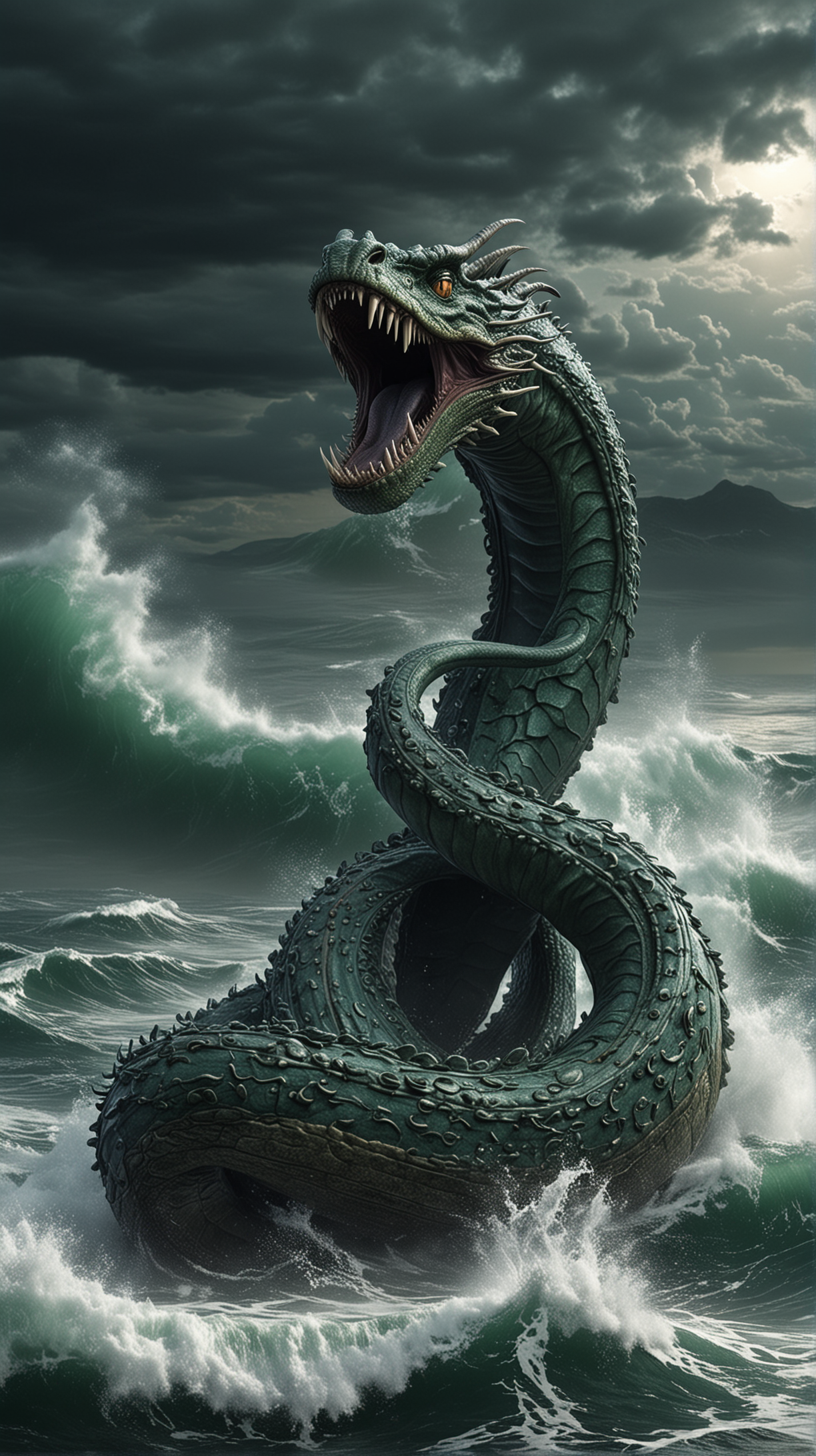 Leviathan, as a lovecraftian sea demon snake charackter, storm sea on background, hyper-realistic, photo-realistic