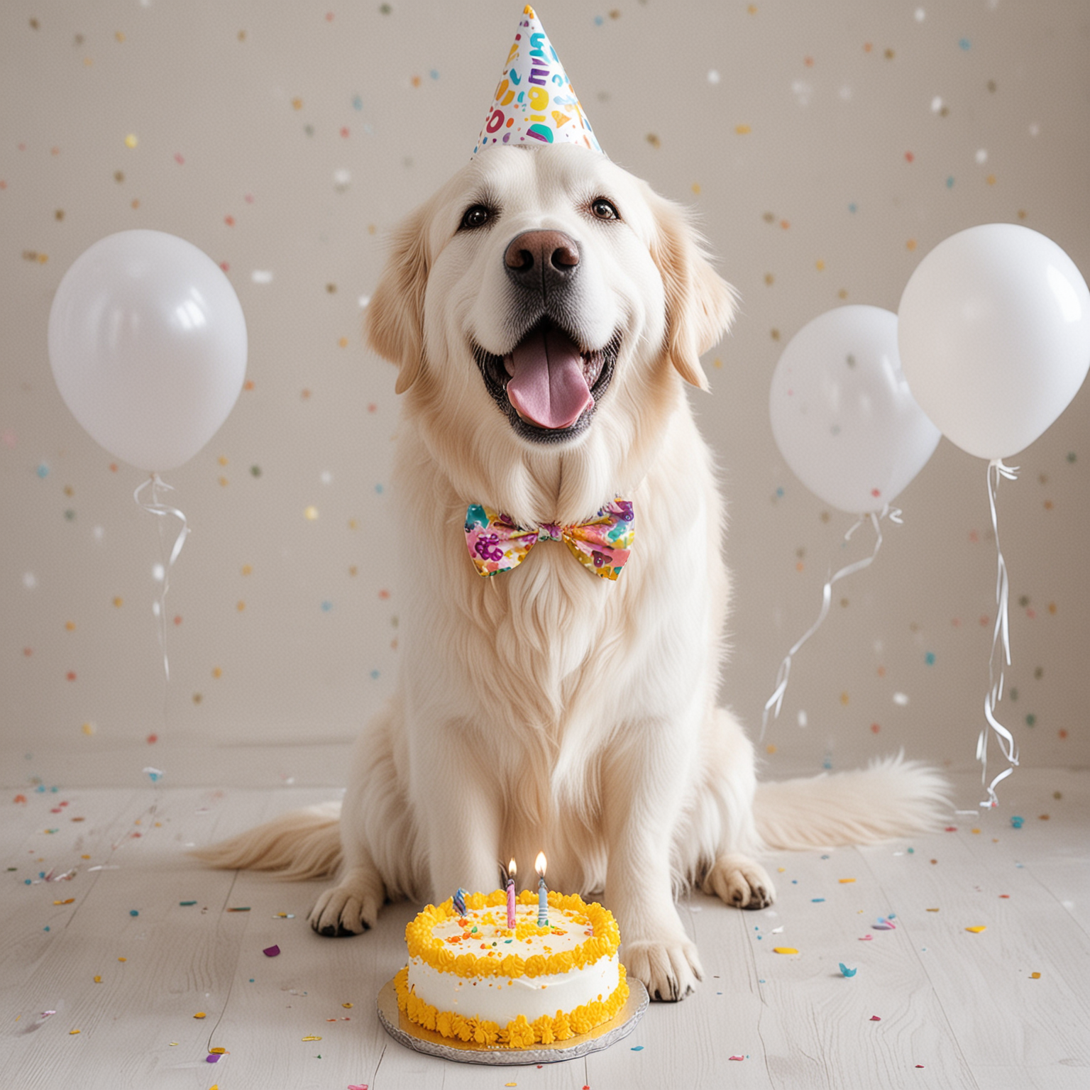ImageImageHere are the images of a white Golden Retriever celebrating its 5th birthday with balloons and a cake. on his ears a bow