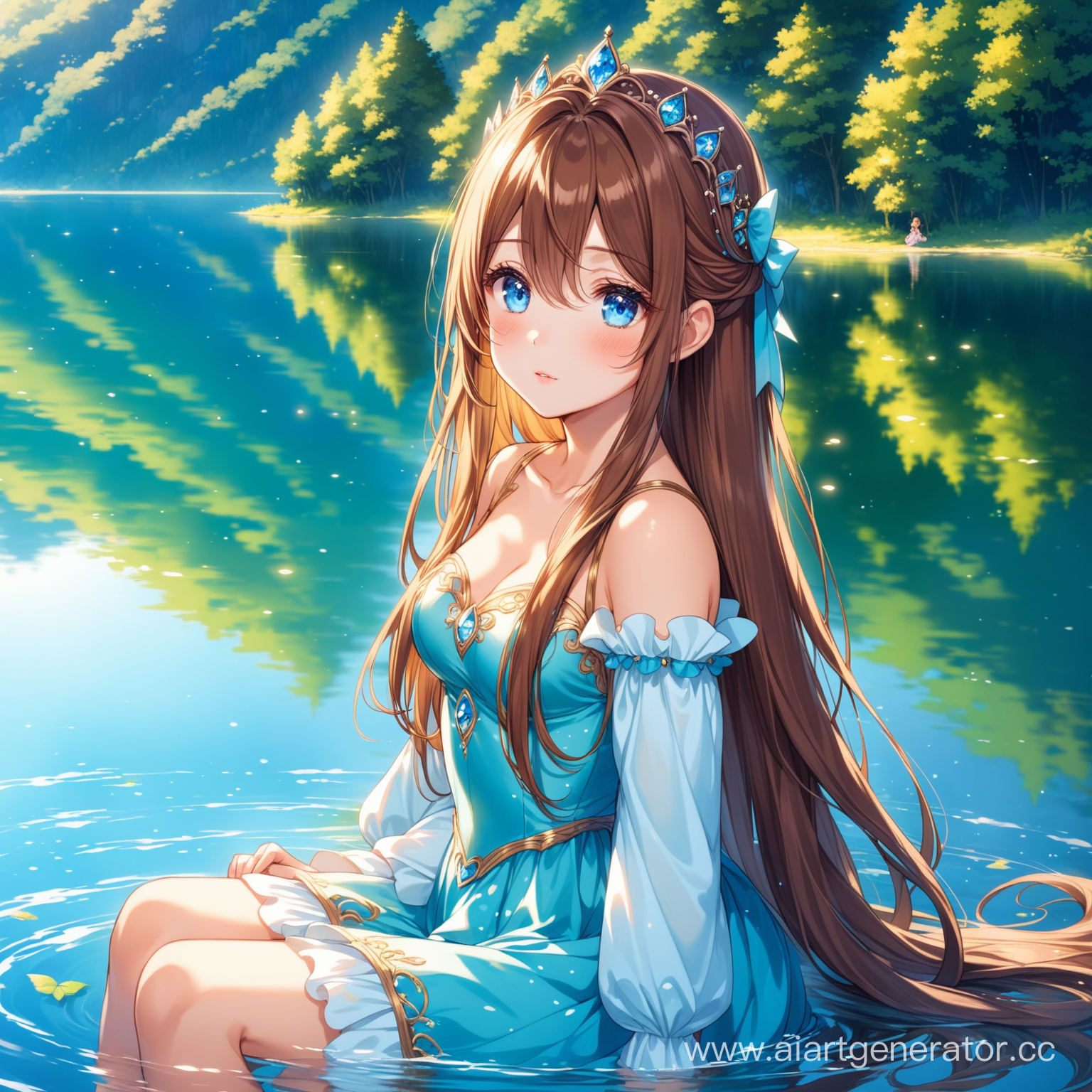 аниме девушка миловидной внешности, длинные каштановые волосы, голубые глаза, длинные ресницы, идеальная анатомия, сидит у озера на корточках, сказочная одежда, смотрит в отражение воды