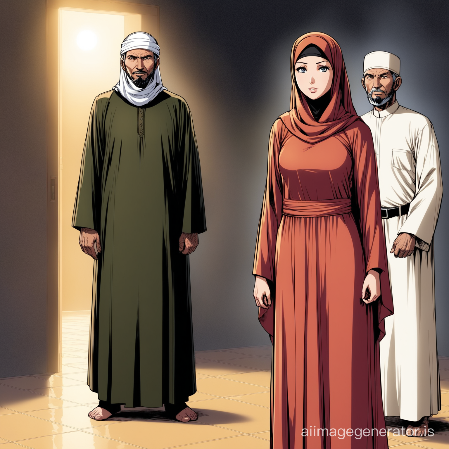 Susans Storm from the fantastic four , taken away by an old muslim religious fanatic man , who decide to hypnotized Susan to turn her into Jamilah  his loyal faithful muslim wife . She is dressed into a floor-length flowing jilbab with hijab and niqab , standing demurely beside her new husband and master