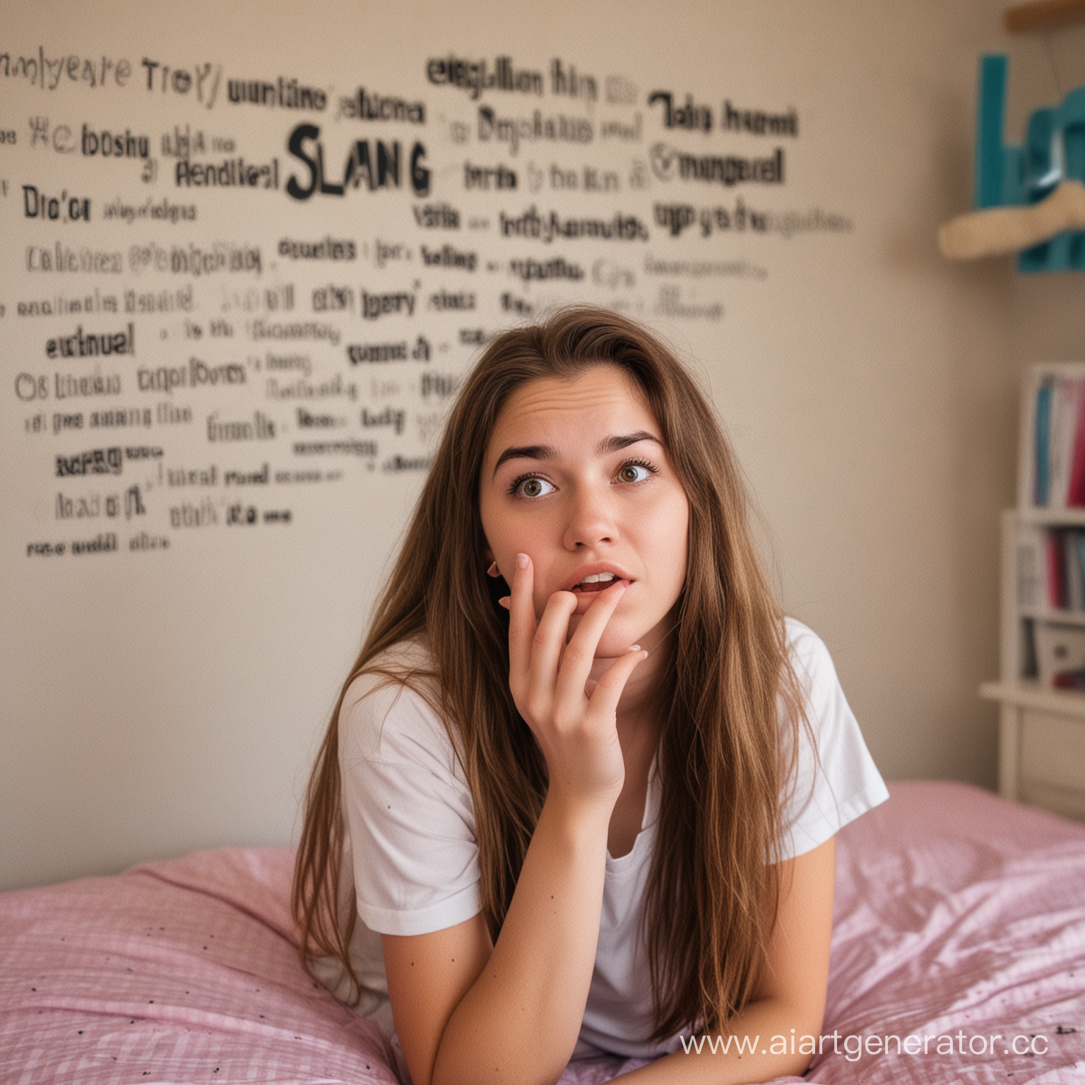 девушка подросток у себя в комнате пытается разобраться, что обозначают сленговые английские слова