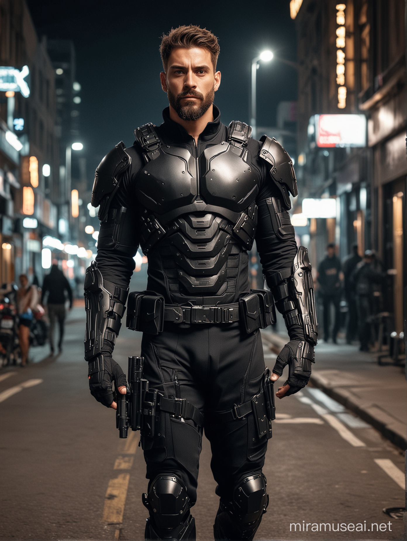 Tall and handsome muscular men with beautiful hairstyle and beard with attractive eyes and Big wide shoulder and chest in sci-fi High Tech black armour suit with firearms walking on street at night 