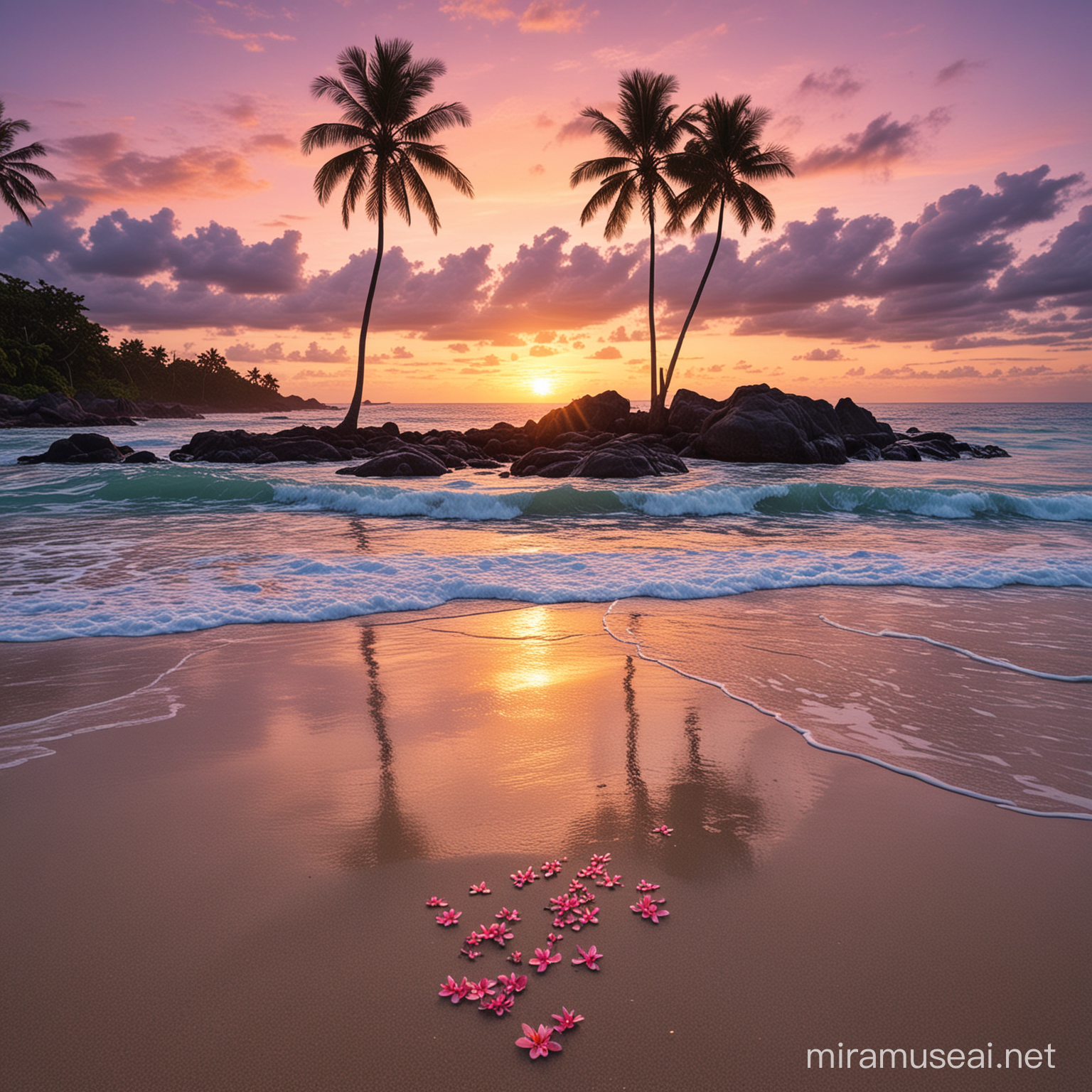 Imagine a picturesque and serene tropical beach scene unfolding at sunset, where nature's beauty is on full display in a harmonious symphony of colors and textures. The sky above transitions from a mesmerizing gradient of purple to orange, casting a warm and enchanting glow over the landscape below.

Two majestic coconut palm trees, adorned with lush green fronds, sway gently in the soft breeze, their silhouettes creating a tranquil frame against the vibrant sky. The soft, white sand of the beach stretches out in a pristine expanse, undisturbed except for a trail of distinct footprints leading towards the water, hinting at the recent passage of a solitary wanderer captivated by the beauty of the scene.

The calm sea mirrors the hues of the sunset, its surface shimmering with a reflective sheen that adds to the overall sense of tranquility and peace. Just offshore, smooth, dark rocks emerge from the shallow waters, their presence adding a touch of rugged elegance to the otherwise serene seascape, with small waves gently caressing their bases in a soothing rhythm.

Amidst this tropical paradise, vibrant pink frangipani flowers bloom, their delicate petals adding a splash of color and exotic fragrance to the scene, infusing the air with a tropical essence that heightens the sensory experience of this idyllic setting.

The lighting, soft and magical, bathes the entire scene in a warm and ethereal glow, evoking a sense of peace and wonder that beckons any viewer to step into this enchanting picture and immerse themselves in the solitude and beauty of this tropical paradise, where time seems to stand still and the serenity of nature reigns supreme, 32k render, hyperrealistic, detailled.