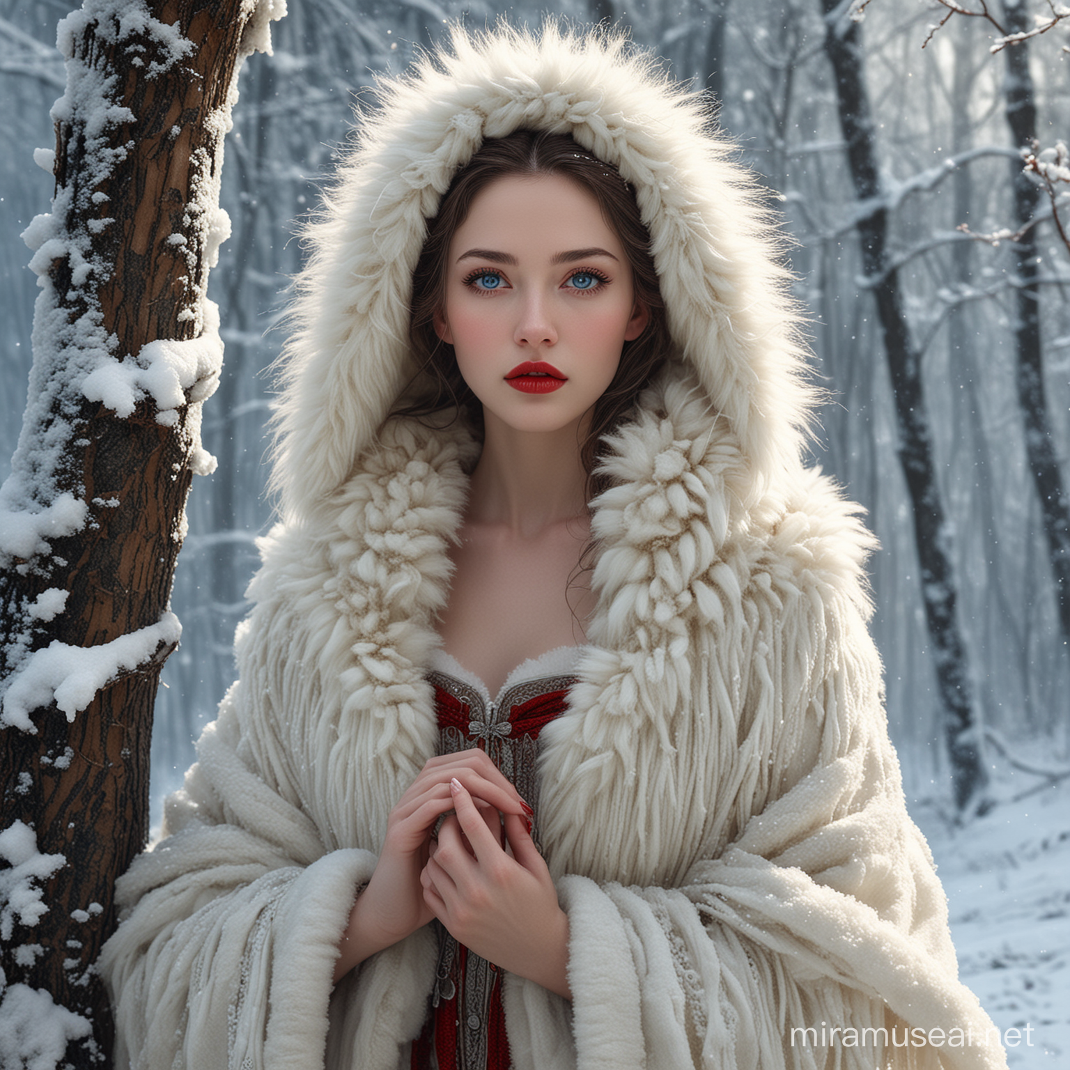 Digital art, Aivision, full body of beautiful young women , blue eyes , full red lips. In shining snow - white ,  long fur clothes . Jim Cheung , arthur rackham , Catrin Welz - Stein , Bill Carman , shining forest around . fairy tale , by very detailed and elaborate . sung choi art , realistic facial features . Realistic hair texture, dark , night