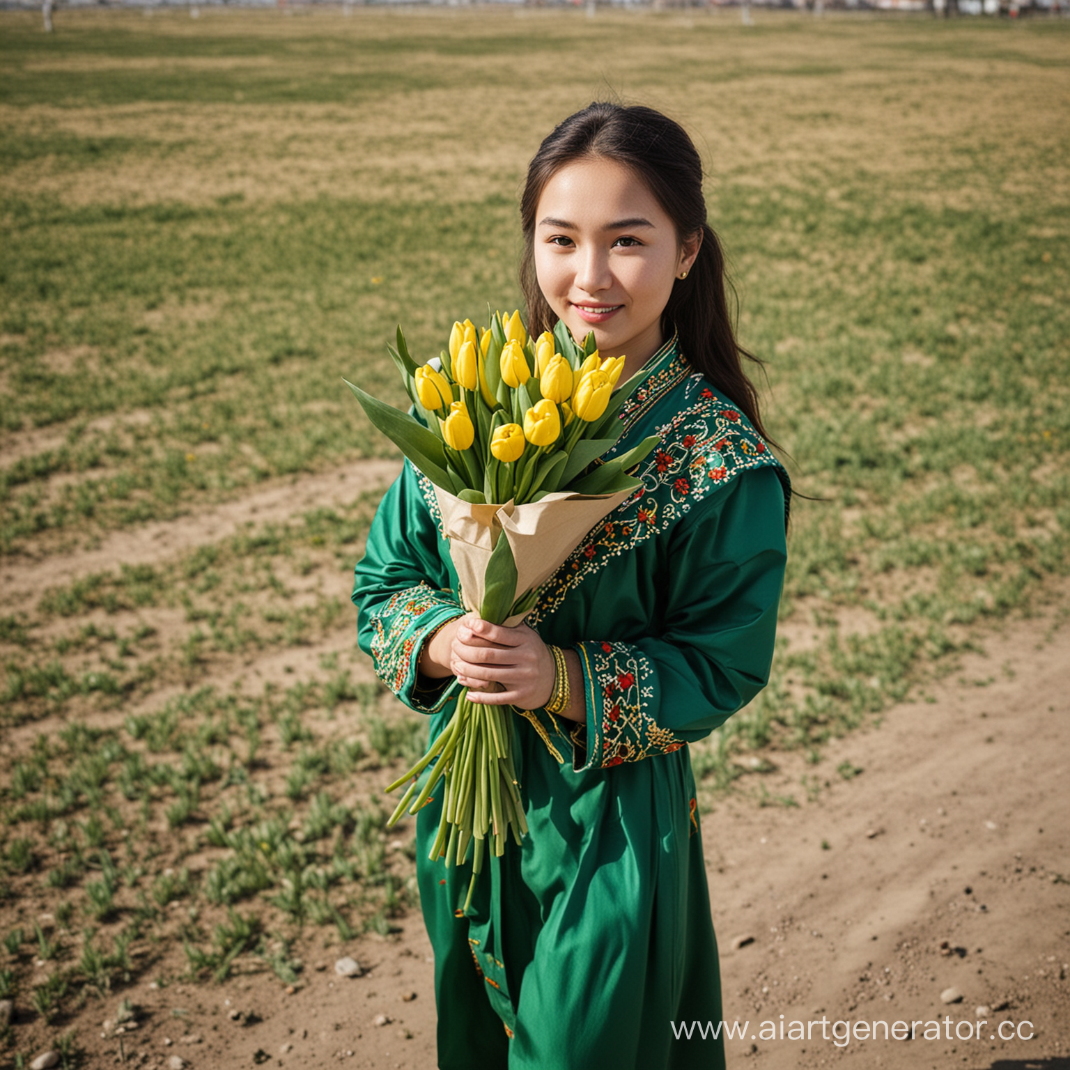 девушка казашка, в национальной одежде зеленого цвета в руках держит букет тюльпанов