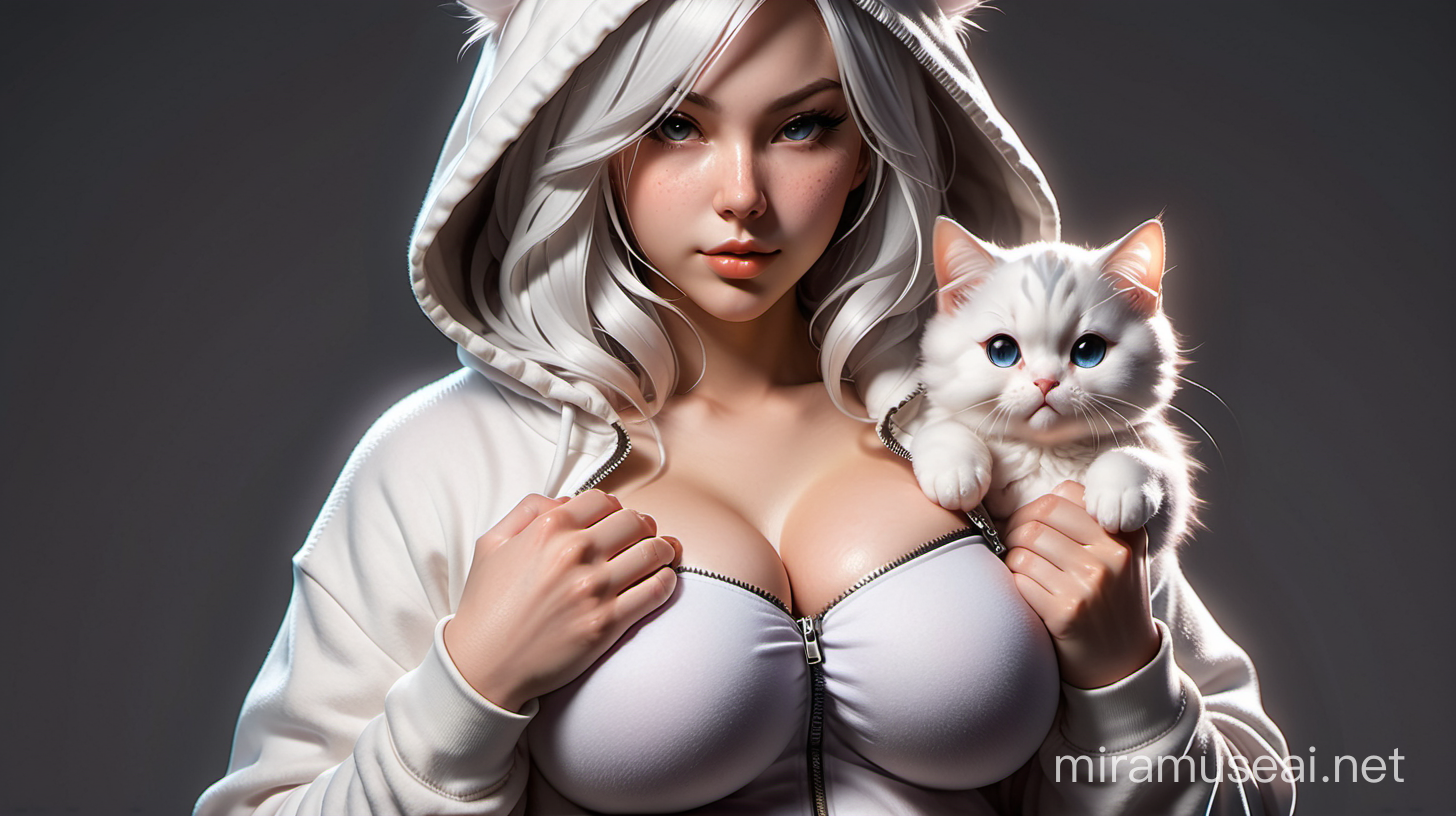 A gigantic woman. She is a cat spirit. She is extremely cute, sexy, seductive, beautiful, and muscular. She has white cat-like hair which are long and wispy. She is wearing a cute cat hoodie. She is hiding a small kitten between her breasts under the zipper. she has a messy hairstyle. extremely large breasts; very big cleavage; 
