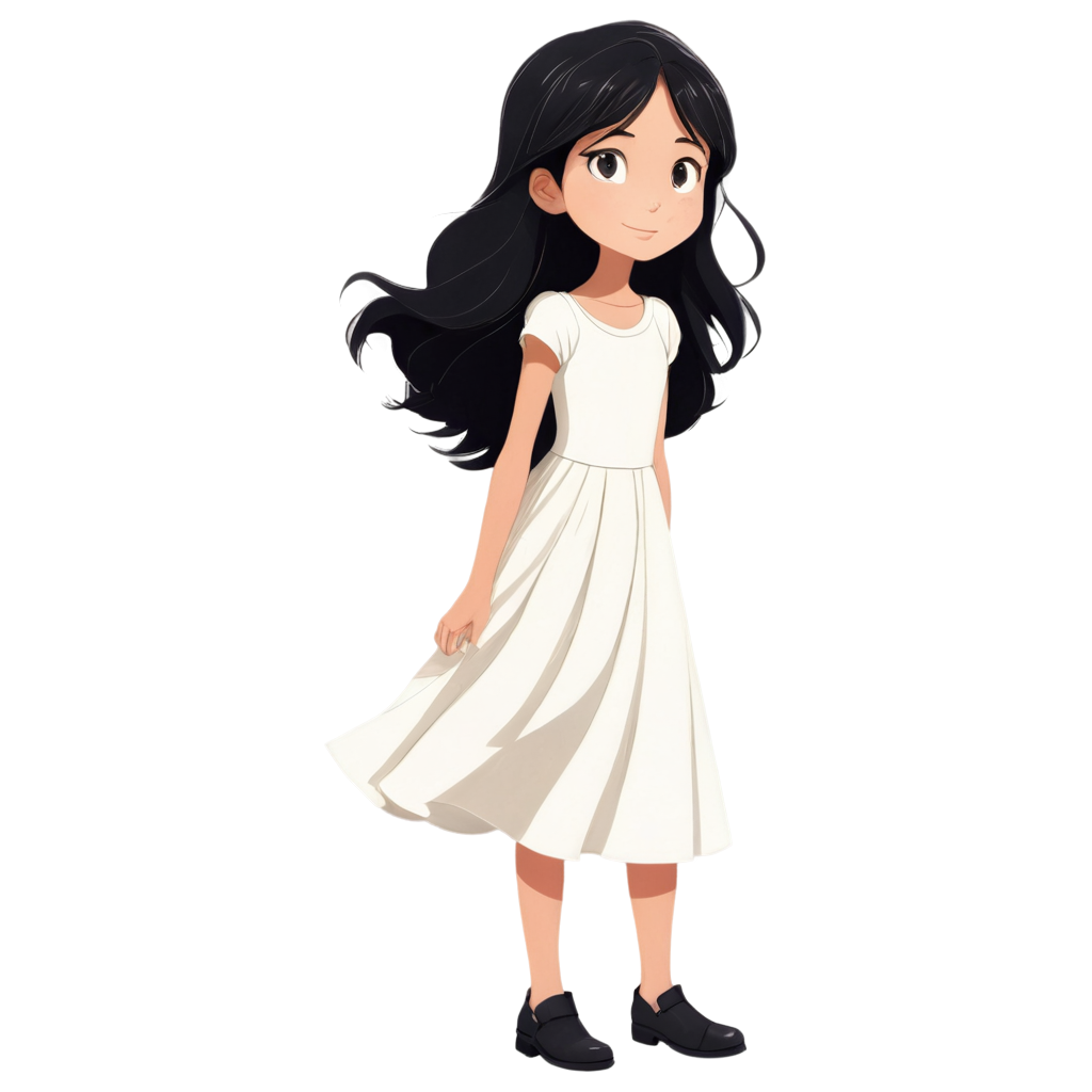 cartoon drawing: A beautiful little girl with white skin, big hazel ejes and black hair. She is around 13 years old. She is wearing a white dress. Show her walking from the back.