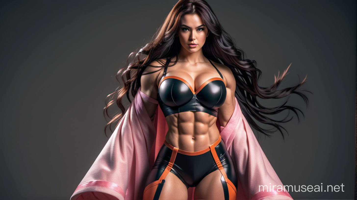 Extremely colossal Caucasian woman; extremely muscular; extremely cute; beautiful; sexy; seductive; superhero; long black hair; long bangs; long messy ponytail; extremely muscular arms; gloves; extremely muscular thighs; boots; kimono sleeves; very big cleavage; extremely muscular abs; highlighted hair; meshed hair; textured hair; wispy hair; layered hair; hair extensions; 