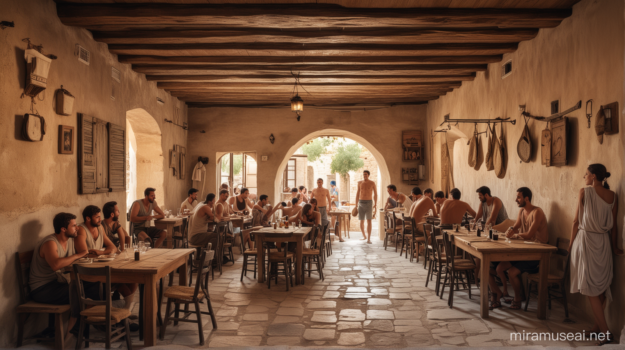 inside an ancient greek tavern with people