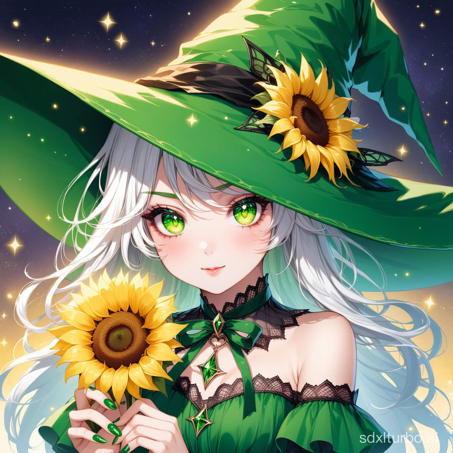 Beautiful girl wearing a emerald green witch hat with white hair hazel captivating eyes holding a sunflower green nail polish