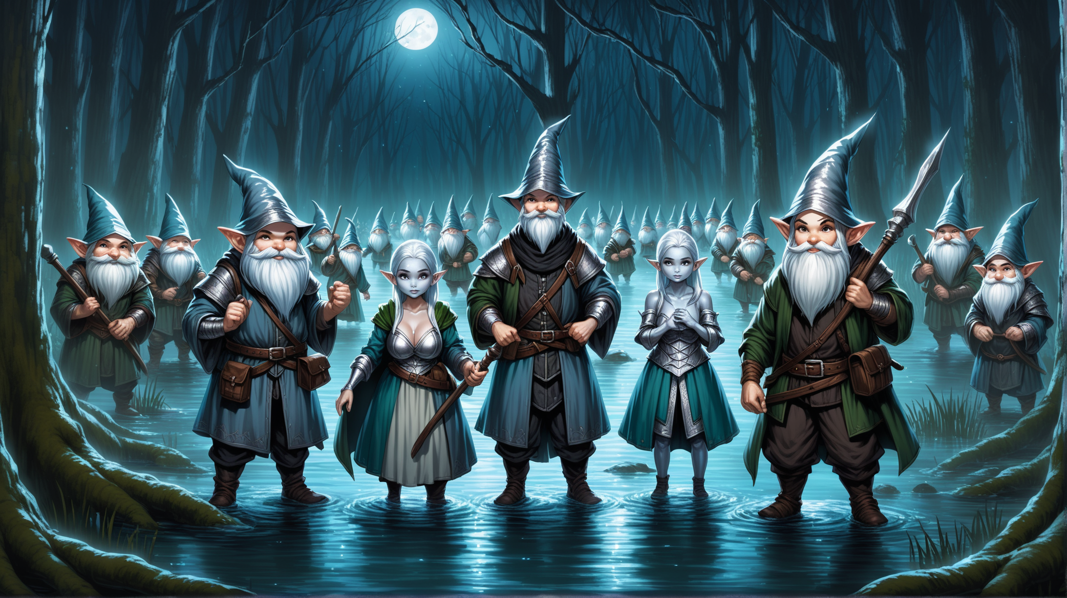 young silver skin gnomes with silver skin, men and clean shaved women with no beard and silver skin, rogues and wizards, dark swamp, night, Medieval fantasy