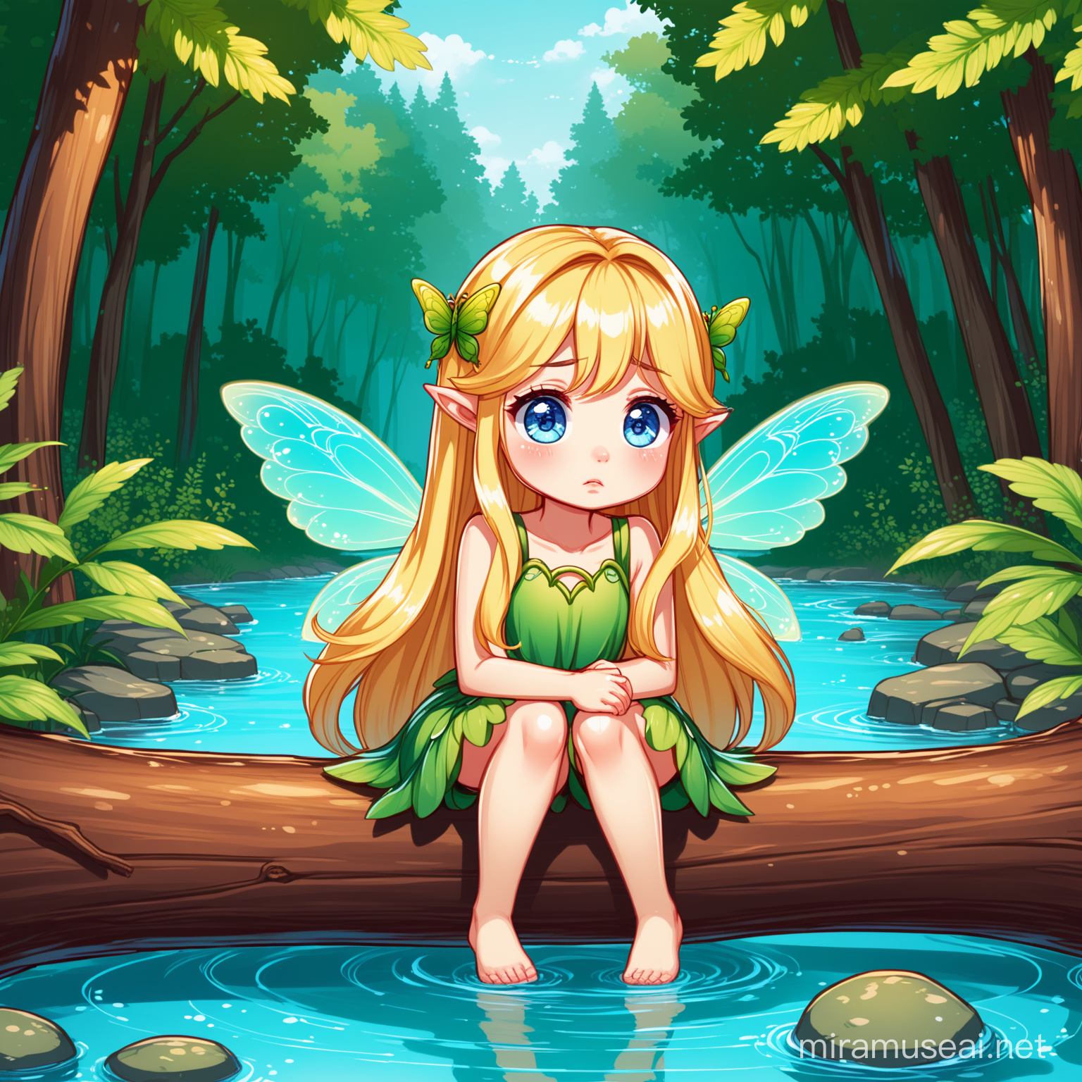 imagine poseable prompts, small forest fairy in cartoon style with long blonde hair and big blue eyes, sad,sitting on a log by a creek ,  no background