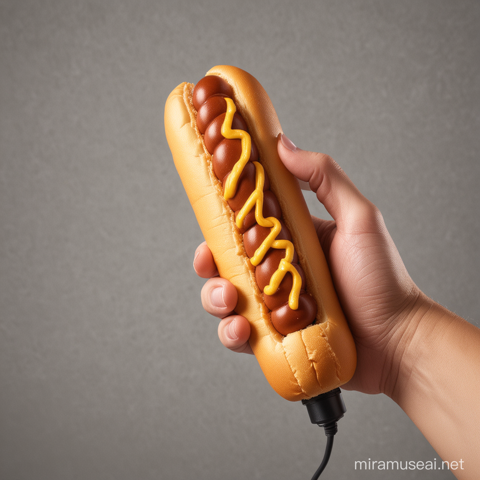 A hand held microphone that is shaped like a hot dog