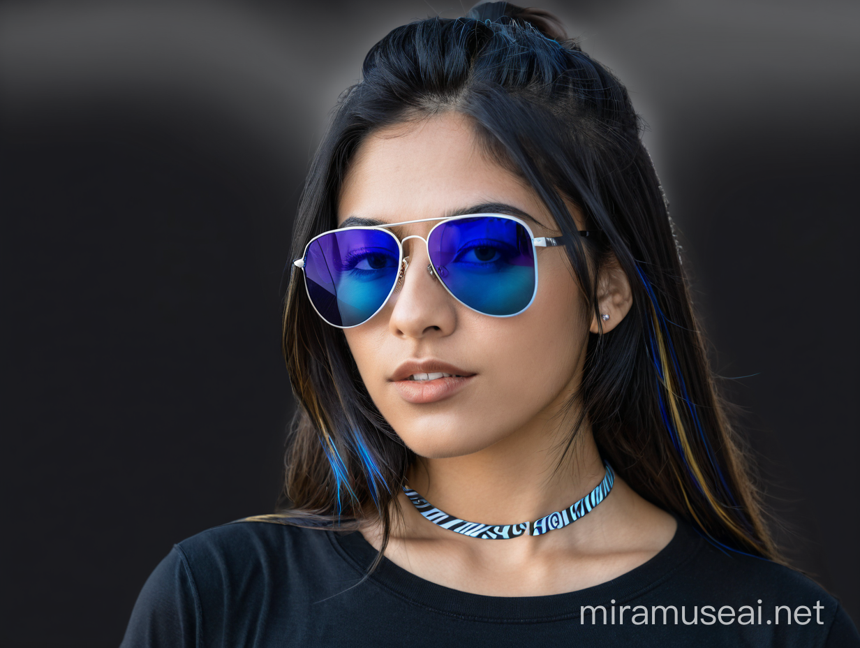 Defiant rebellious Latina 20 years old standing wearing cheap sunglasses with blue lenses. She has blue streak in her hair and wears a black t-shirt.  Show from waist up Show stomach 