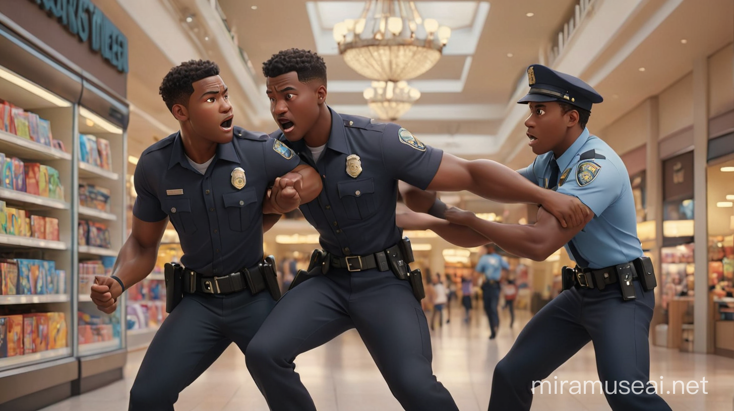 create an image of an African-American male fighting a police officer arresting his friend who is shopping in the mall. Illumination, Disney-Pixar style illustration 3D Animation, 4k