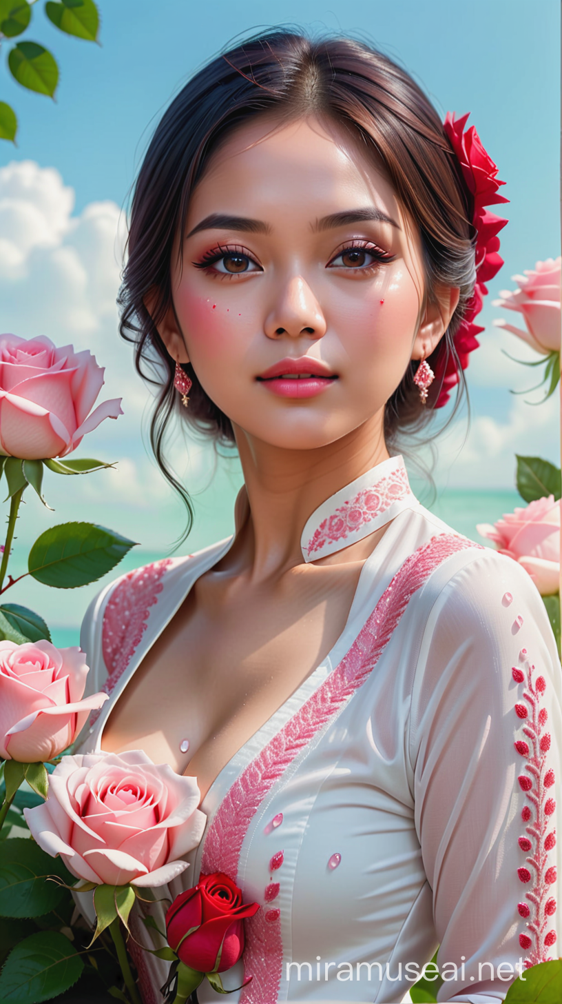 realistic photo of a beautiful Indonesian woman wearing a white kebaya with pink combination face looking forward looking at a bunch of delicate ((red roses)) with soft pink stripes, highlighted by glistening water droplets on their petals, set against a backdrop of lush green leaves and  clear blue sky