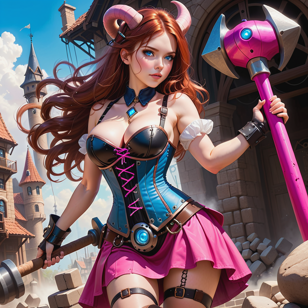 Busty sayter with blue eyes and a beautiful auburn hair that flows around her ivory horns,  she carries a huge metal forged mechanical hammer,  he hot pink miniskirt is held up by a black and blue corset, electricity flashes all around her, she stands on a floating chunk of Cobblestone and rock in the summers sky, steampunk 