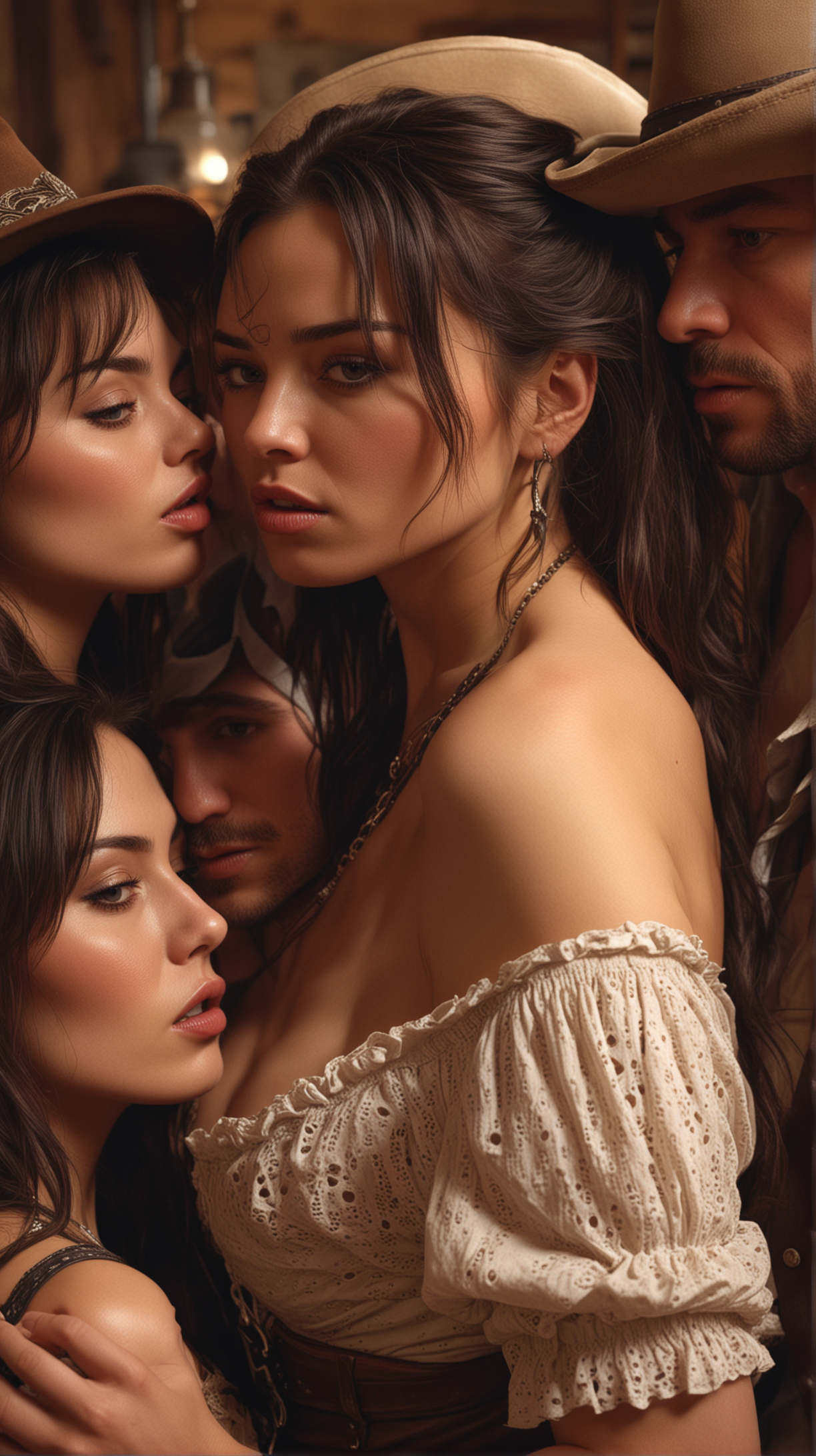 one beautiful women in wild west brothel. surounded and kissing by 5 men. in hyper-realistic style. ,photo realism, cinematography --ar 9:16