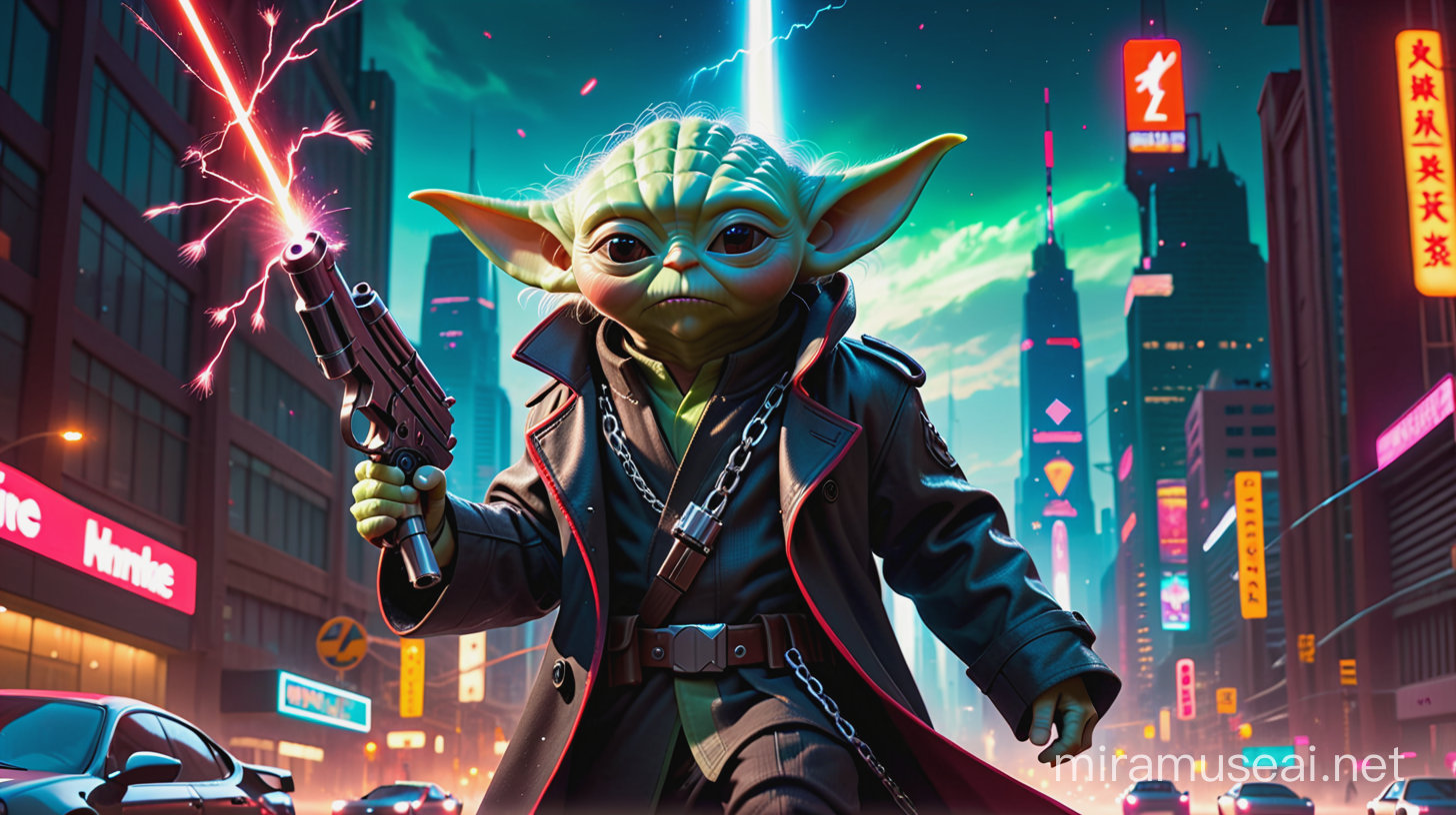 A menacing but tiny Yoda, with bullet wounds and sparks flying, wearing a black leather trench coat, with chains, and carrying a massive futuristic gun, amidst a stunningly beautiful, densely lit, neon red colored futuristic, alien city with incandescent lightning, laser blasts, multiple explosions and lens flares across a gorgeous starlit night sky.