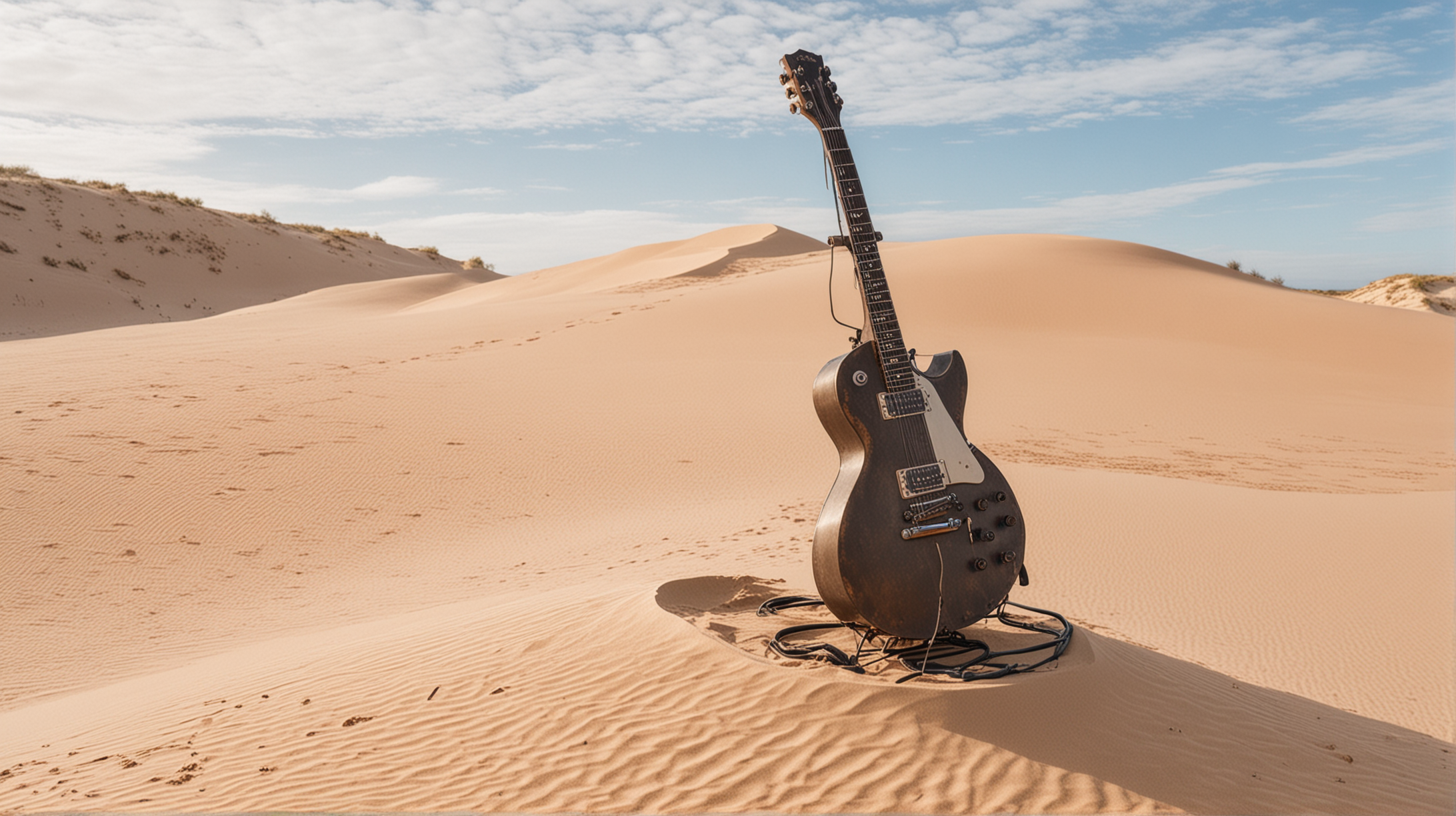 Large Statue of guitar built out of metal standing vertical on top of a sand dune