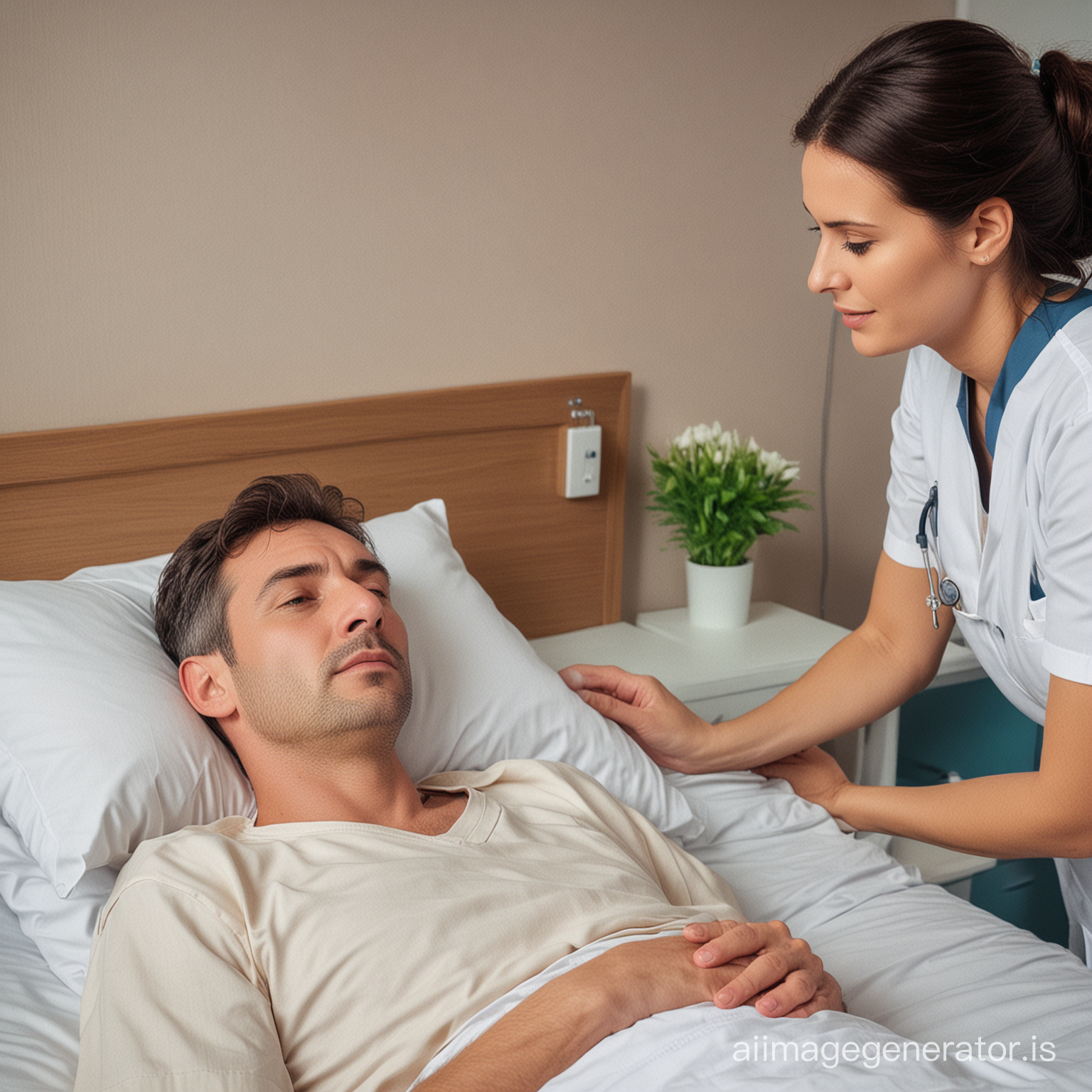 Parelisys patient lying on the bed with sad and care taking of the patient a nurse in his own house 