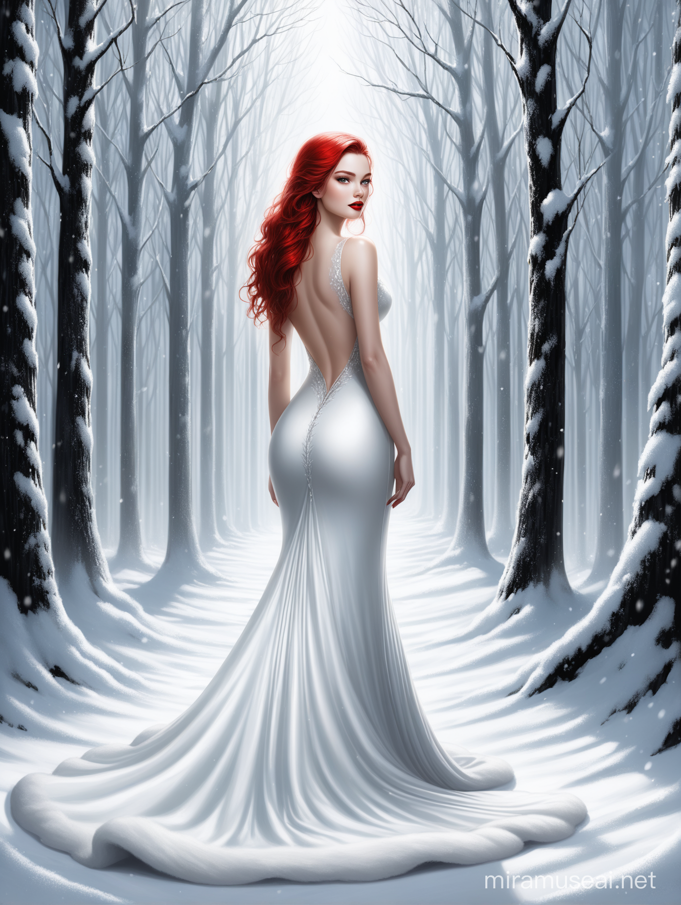 Aivision, full body of beautiful young women , full red lips. In shining snow - white , fur  long dress Exposed back  , shining forest around . fairy tale , realistic facial features . Realistic hair texture,elegant , crispy quality Federico Bebber's expressive, black and withe colors