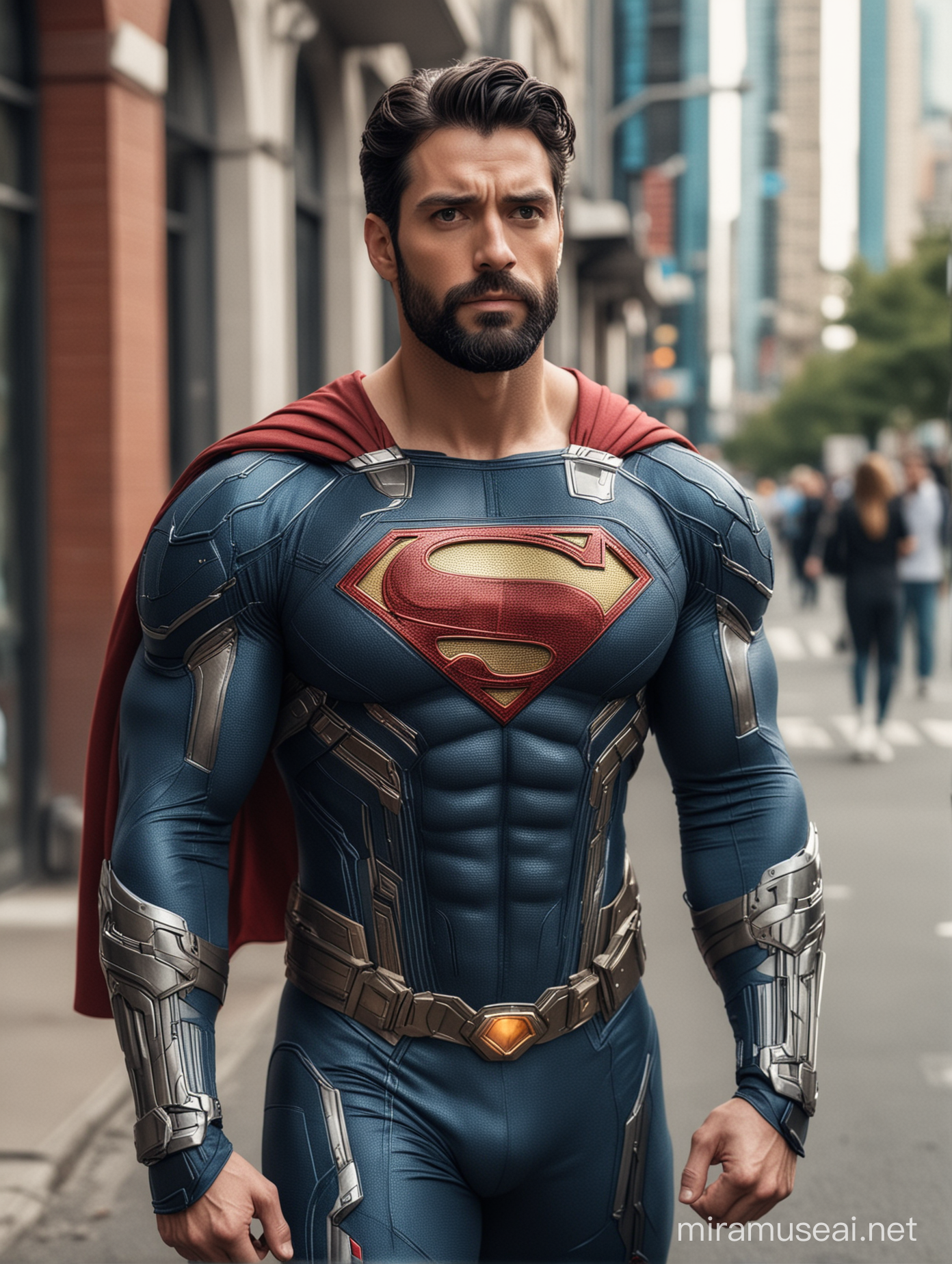 Tall and handsome muscular Superman with beautiful hairstyle and beard with attractive eyes and Big wide shoulder and chest in sci-fi High Tech armour suit walking on street 