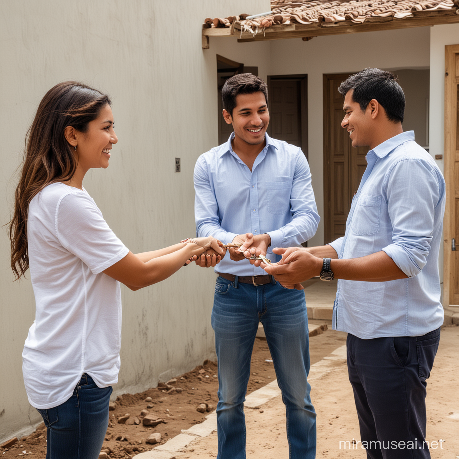 un ingeniero de construcción entregando las llaves de su nueva casa a una pareja peruana