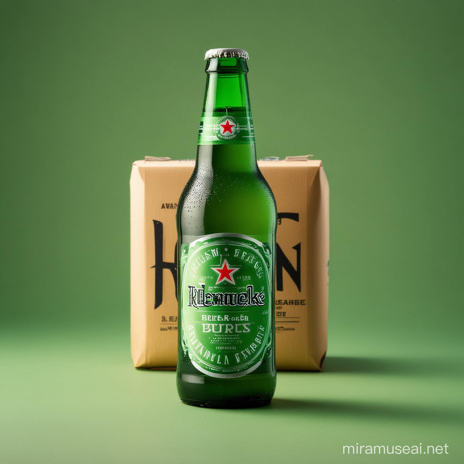 Modern craft brewery equipment in a Heineken green background with a 355ml bottle in the middle of the picture. I want to showcase the beer of the week to customers and stakeholders. The beer style is Cream Ale and the language is Portuguese. 