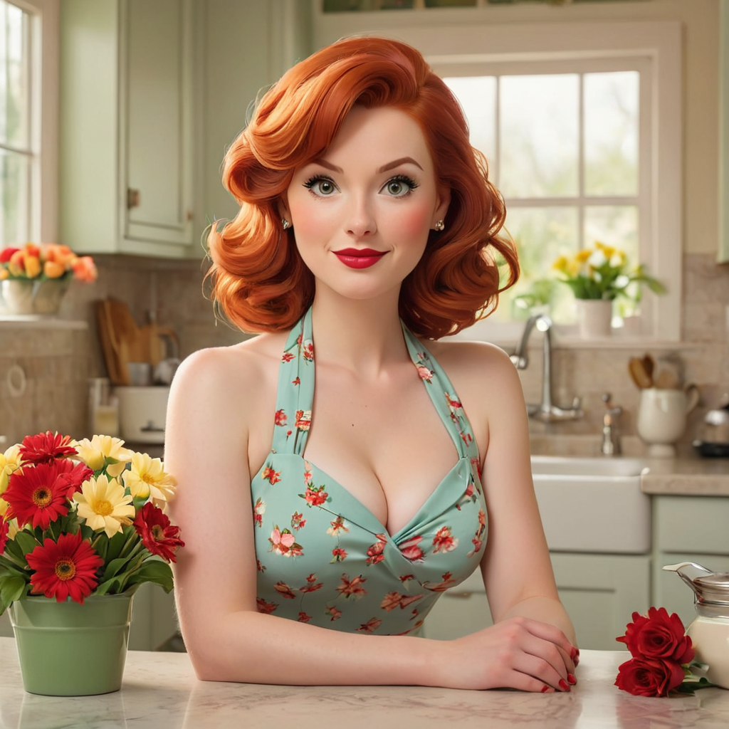 MOTHERS DAY in the kitchen pinup style, beautiful red head, flowers on the counter
