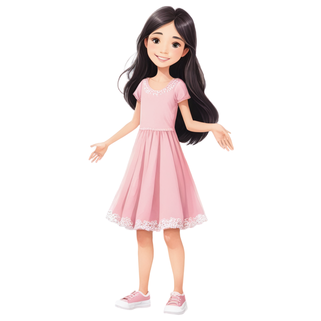cartoon drawing: A beautiful little girl with white skin, big hazel ejes and long black hair. She is happy, smiling. She is around 13 years old. She is wearing a pink dress and white shoes. Make it more like a drawing and not like a photo. She has white skin.