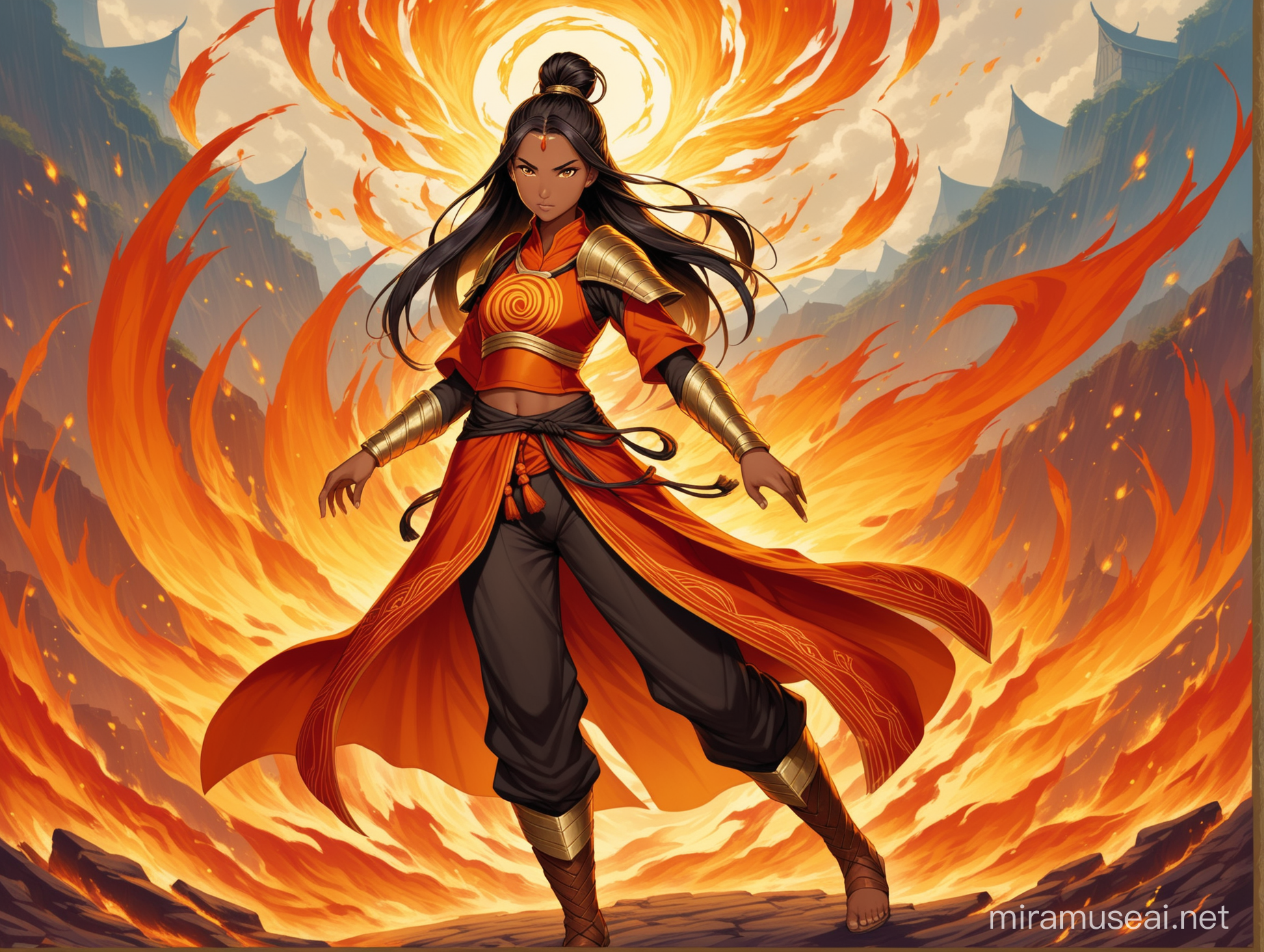 A young pretty fire nation girl, around 16 years old, with tanned brown skin, black hair in a half up hairstyle with a top knot, decorated in golden ornaments,and orange eyes.She wears lightweight silk armor adorned with golden ornaments and flame embroidery. Loose-fitting pants allow for agility. Half-boots with fabric wrappings complete her look. The style is reminiscent of classic fantasy art, with a character concept emphasizing chaos.