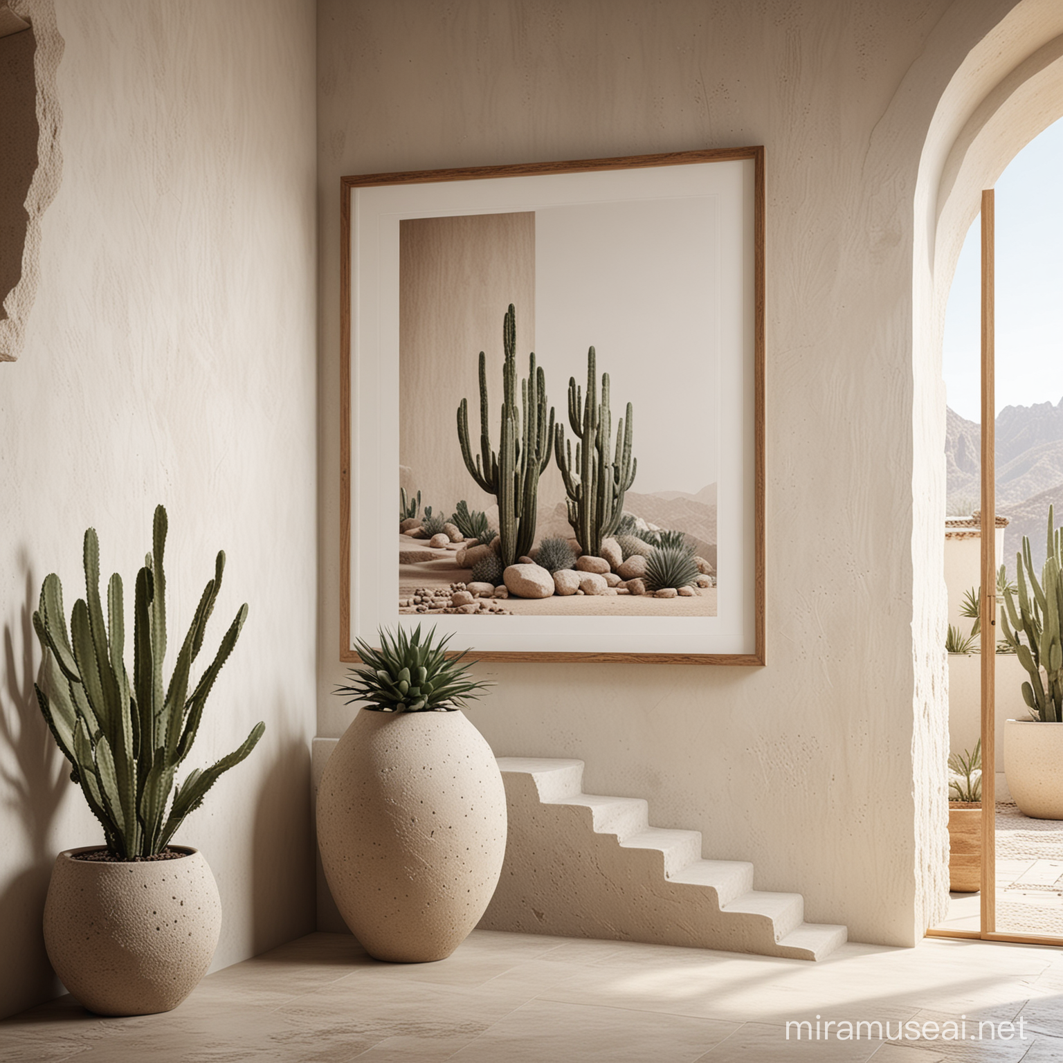 A gorgeous white lemon wash wall contemporary close up framed white poster mockup with a minimal but rustic interior design including stairs and entrance hall, huge stone elements, including a contemporary Wabi Sabi huge vase in white sand finish as decoration with huge cactus, huge windows in the magazine style of ARCHITECTURAL DIGEST, a high quality architectural visualization, using 3D modeling software with photorealistic materials and advanced lighting techniques to showcase the intricate details and modern look of the room
