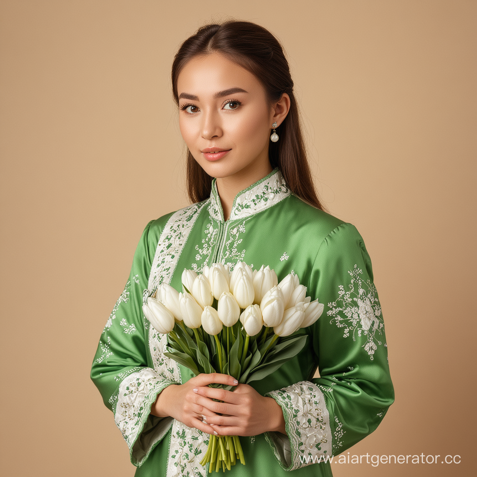 девушка казашка в национальной одежде зеленого цвета, на бежевом фоне,  в руках держит букет белых тюльпанов