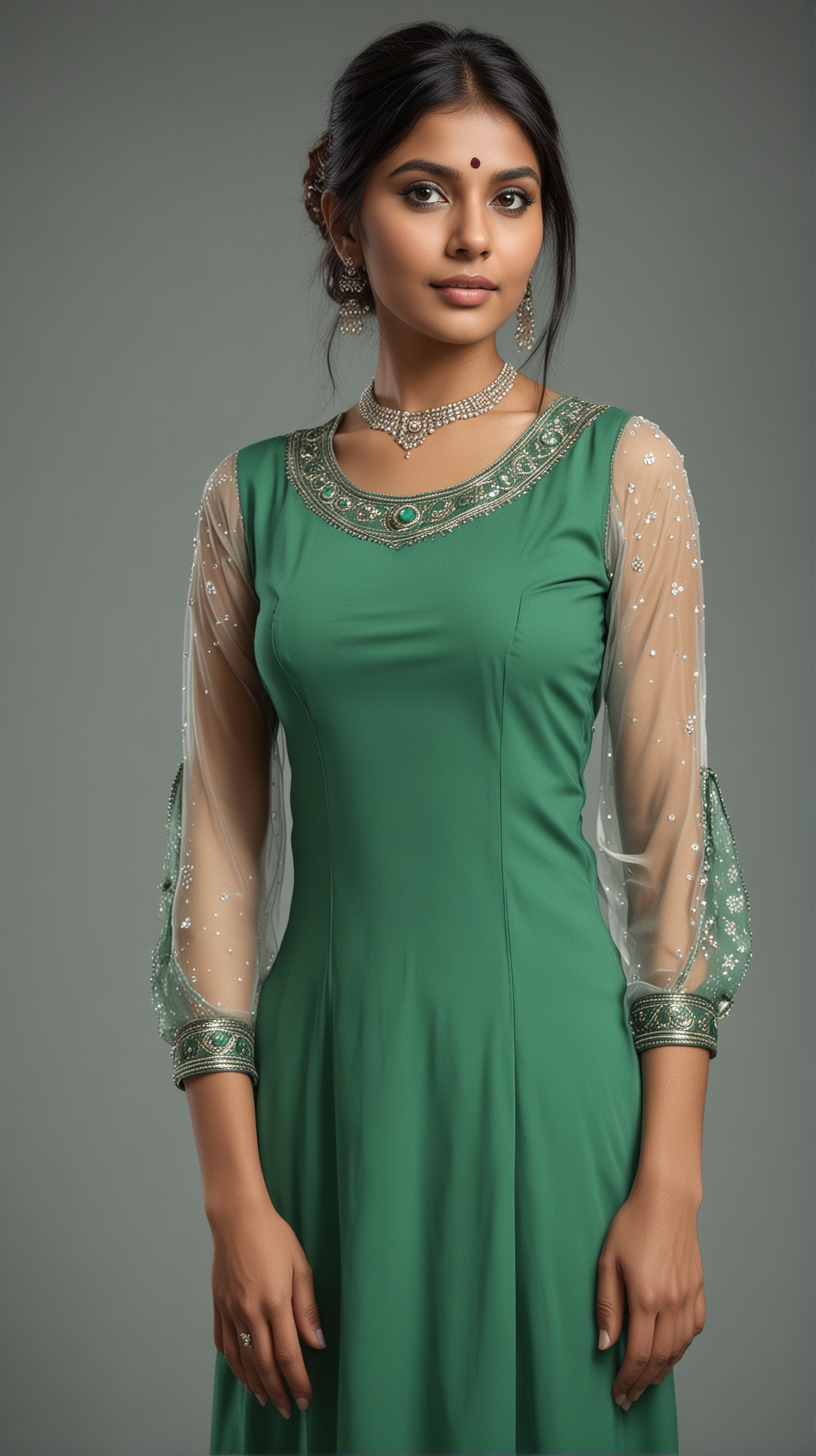 casino印度女生，穿着绿色礼服，有袖子，单色的背景，逼真，4k高清，
