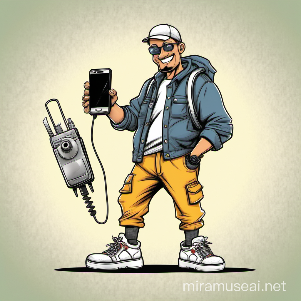 cartoon wearing sneakers holding a phone and screw driver