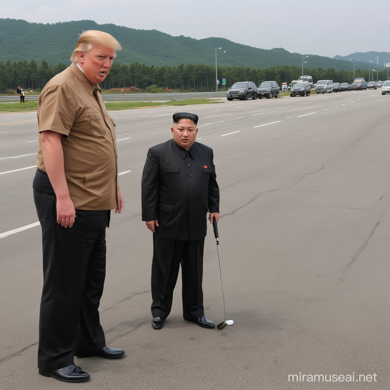Kim Jong Un and Donald Trump Golfing on a Busy Intersection