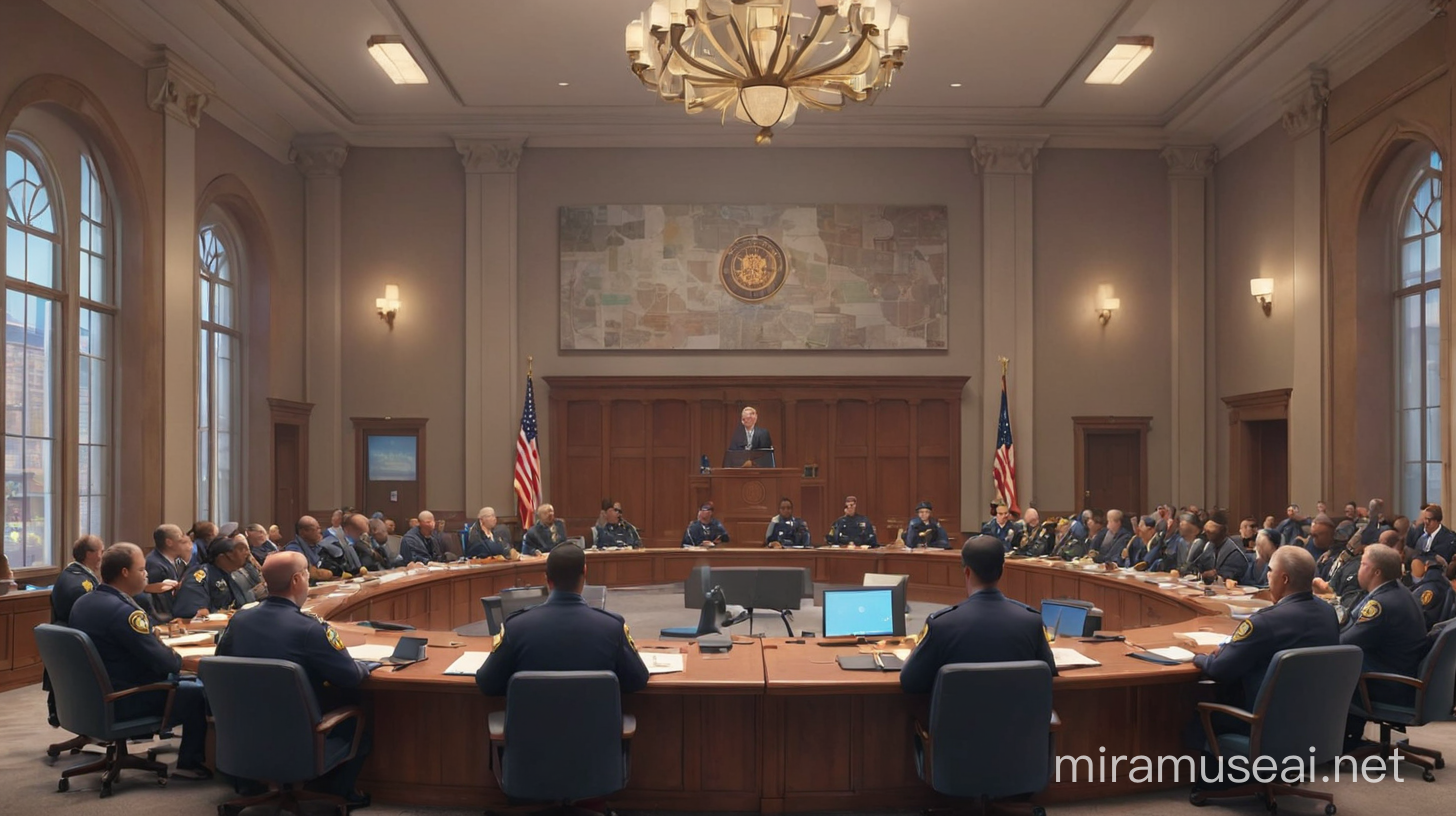 create an image of a council meeting in Dallas Texas for the community about policing at city hall, Illumination, Disney-Pixar style illustration 3D Animation, 4k