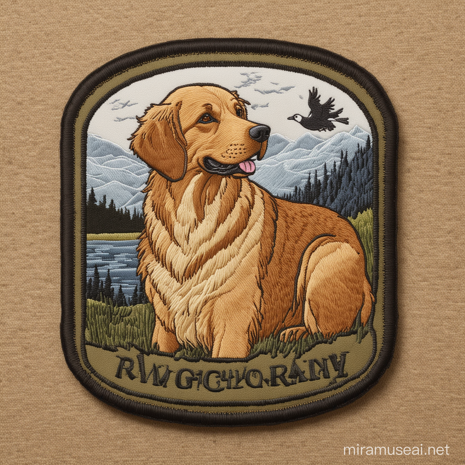 An embroidered patch, a hunting dog, golden retriever, with a Canada goose, text that says “Rex”, cartoon style, thick lines, low detail, no shading -- ar 9:11 --v5