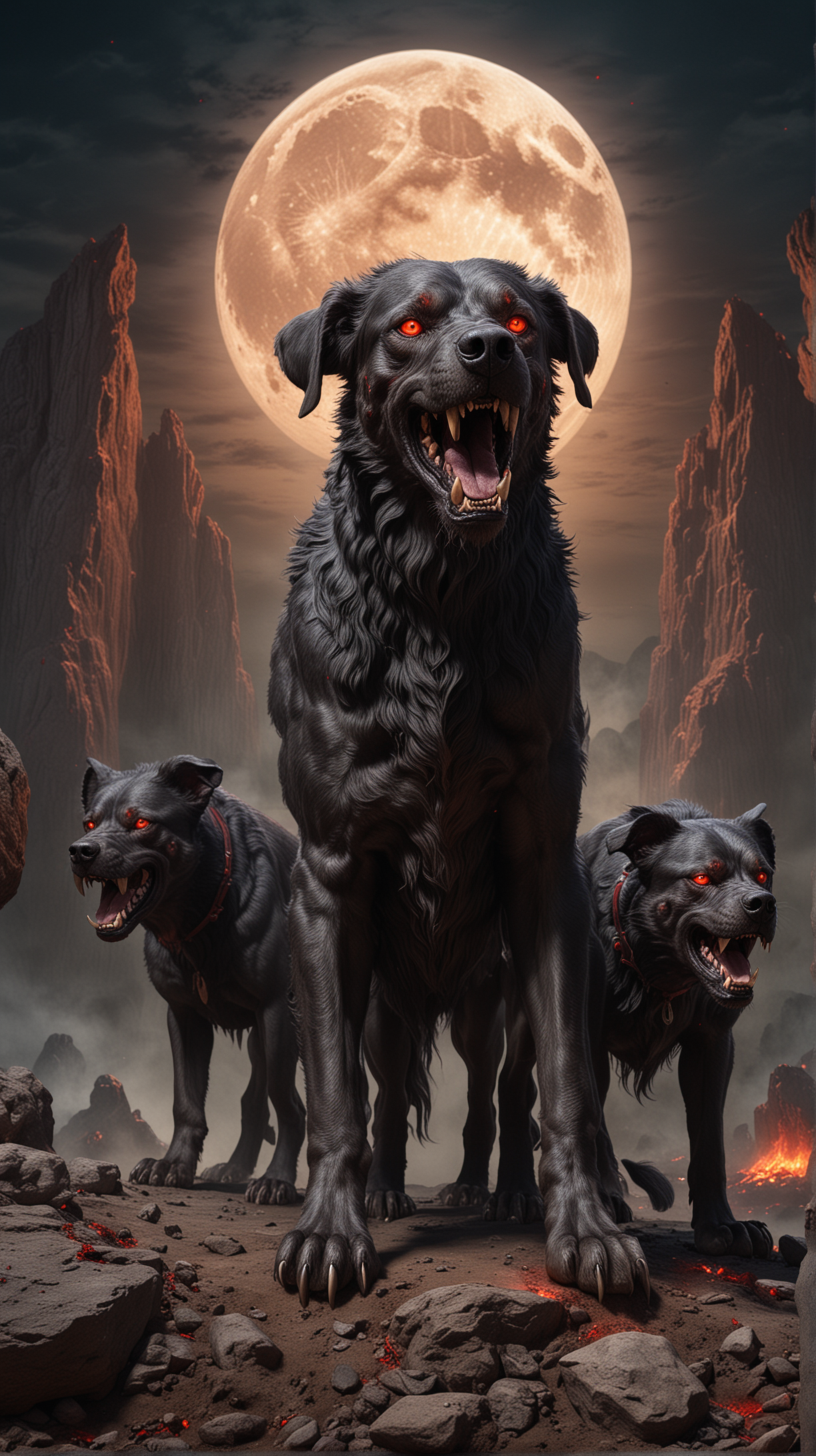 Cerberus as a giant with three-headed dog with one body and bllod-red eyes, fire and cave on background with shining moon, photo-realistic, hyper-realistic