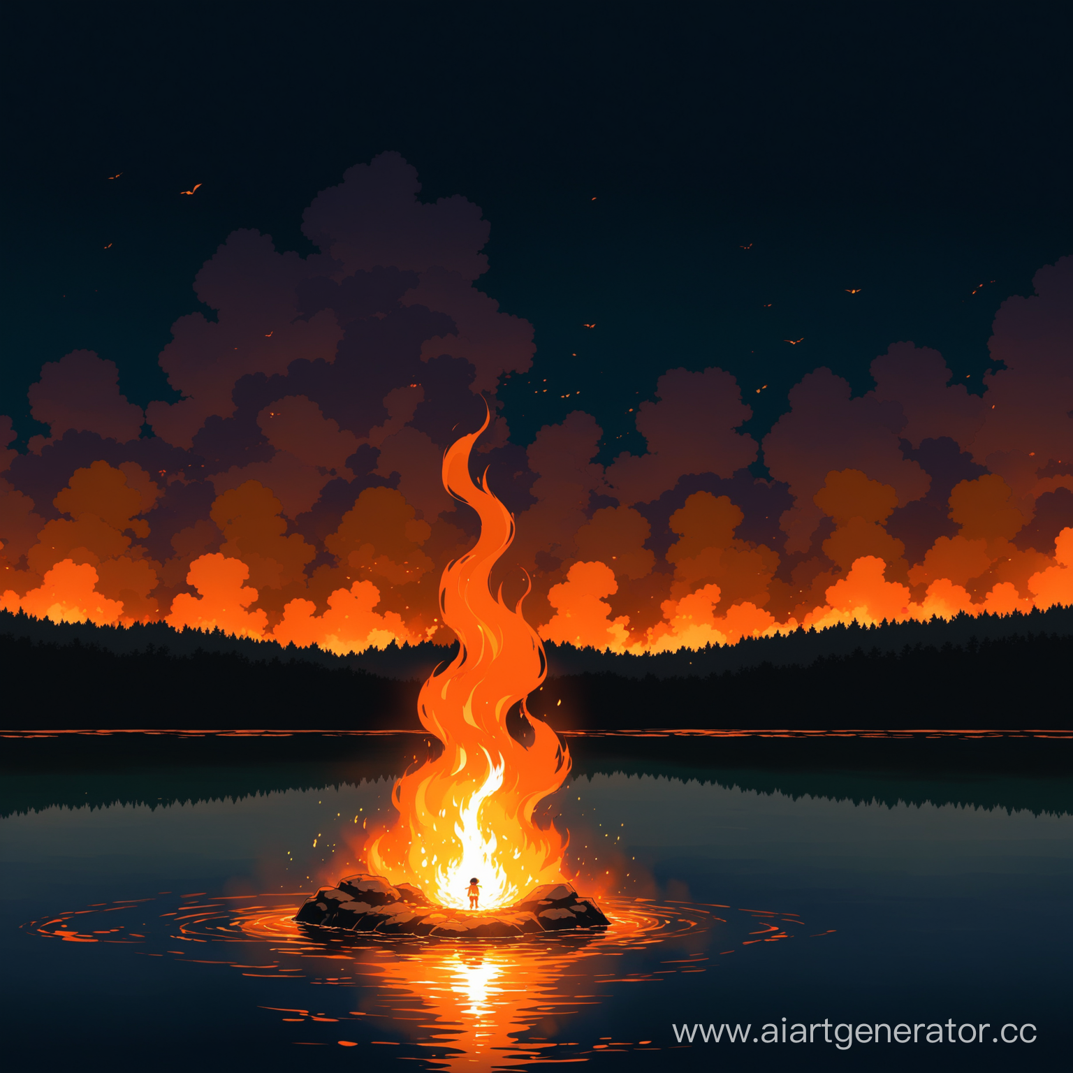 a man burning near a dark lake in the style of the anime Studio Ghibli
