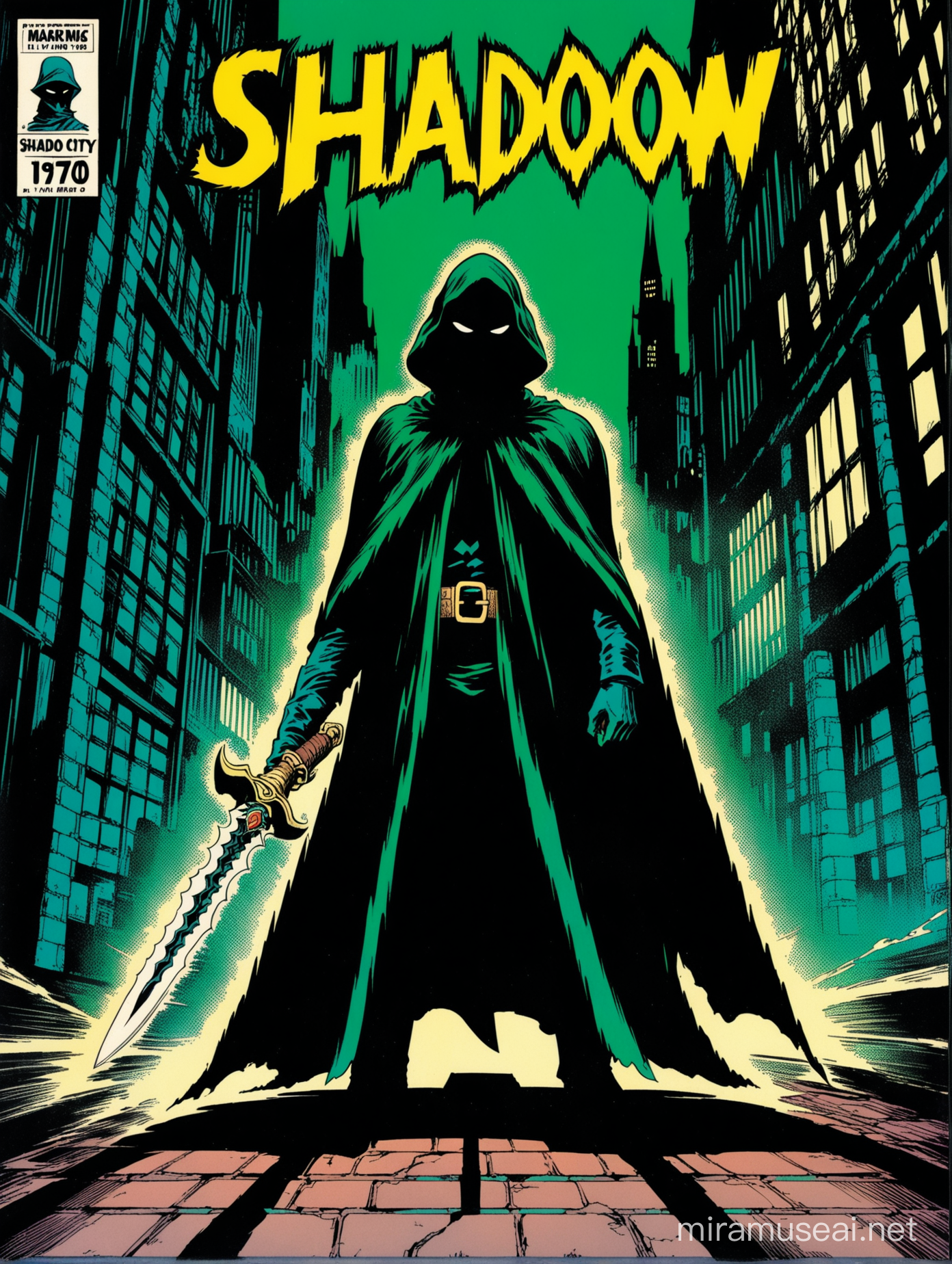 cloaked figure holding dagger the shadow dark city scene 1970s comic book cover style